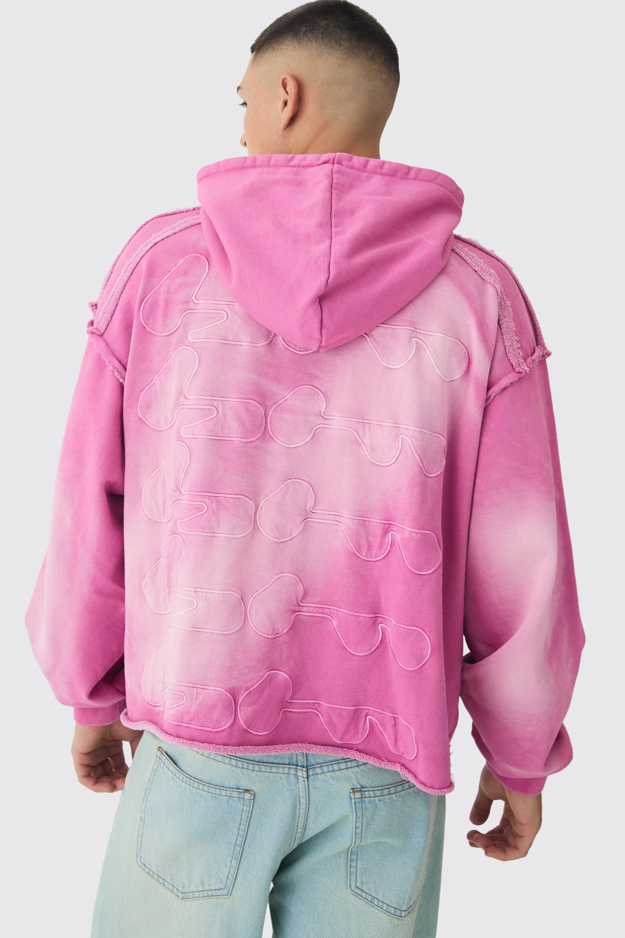 Mens Pink Oversized Boxy Washed Applique Hoodie, Pink