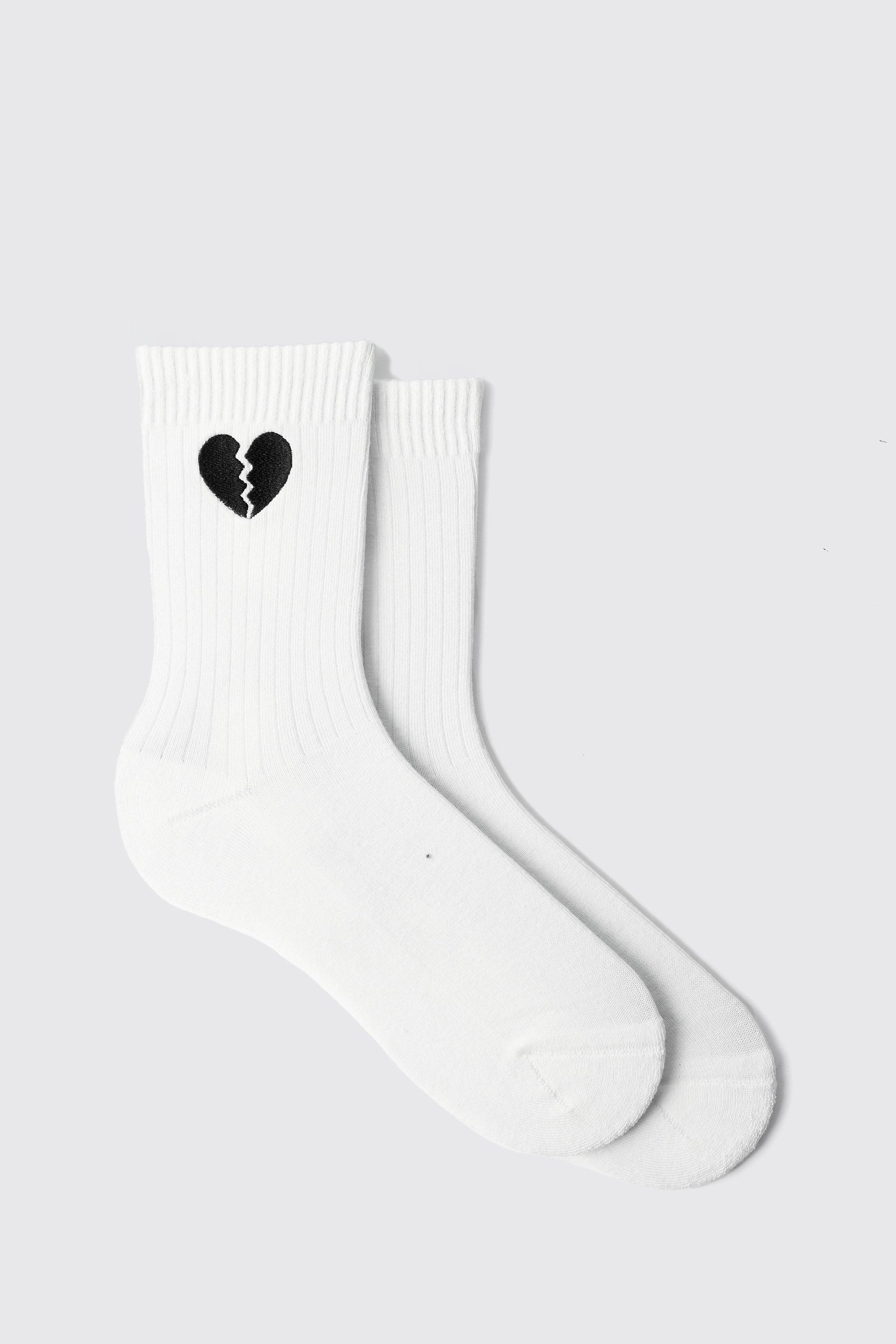 mens white 1 pack embroidery cracked heart sock, white