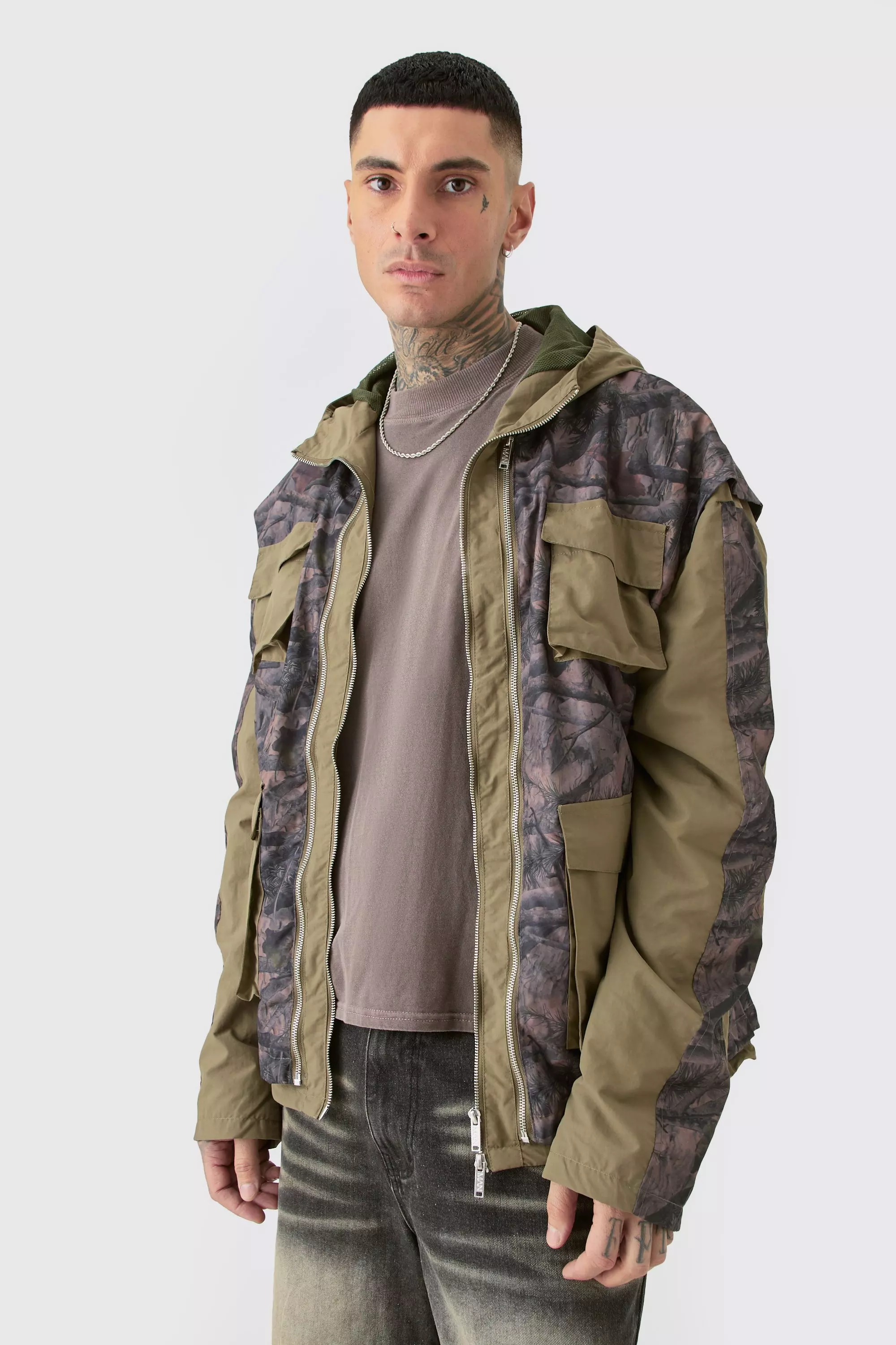 Tall Washed Ripstop Nylon Camo Utility Jacket