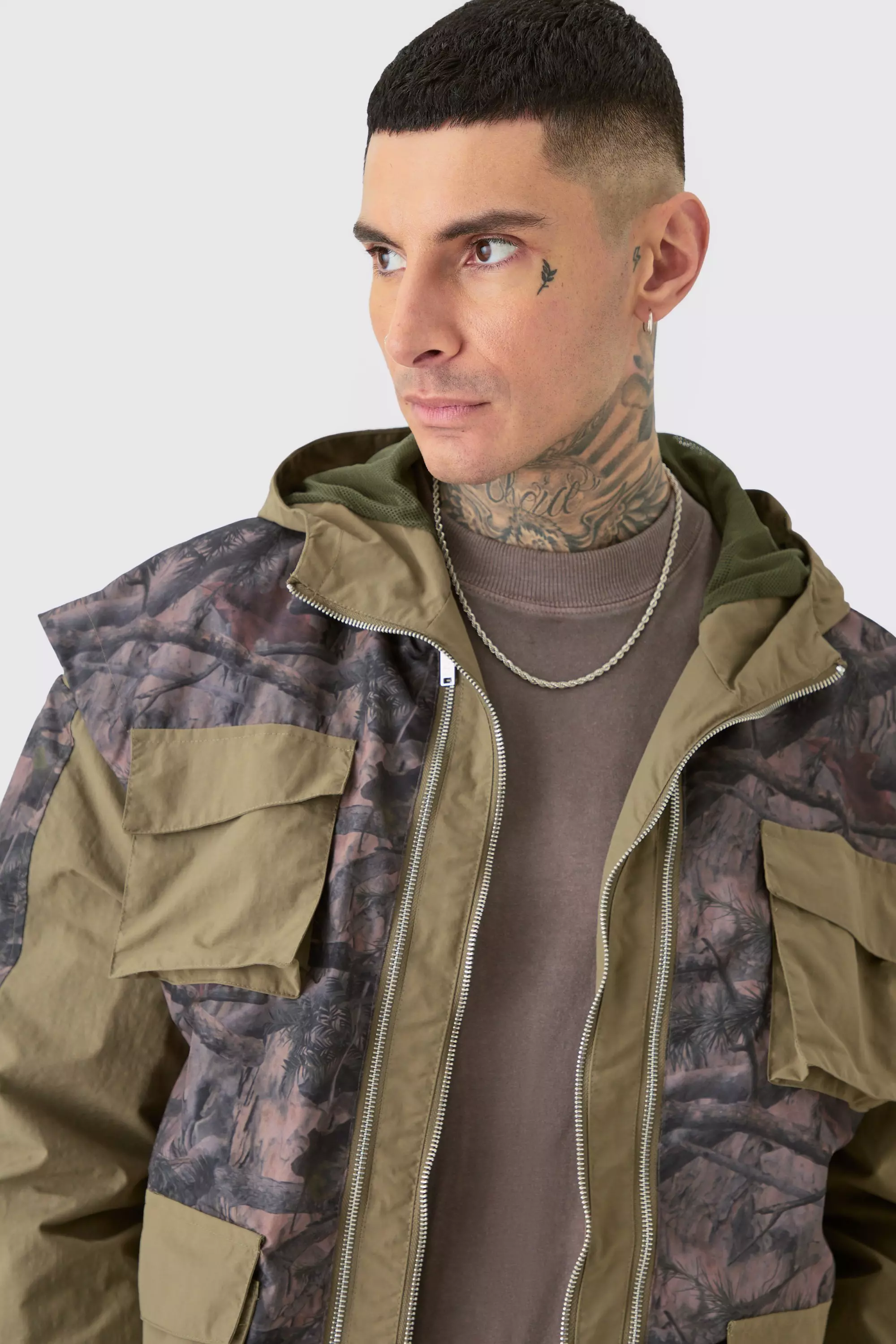 Tall Washed Ripstop Nylon Camo Utility Jacket | boohooMAN USA