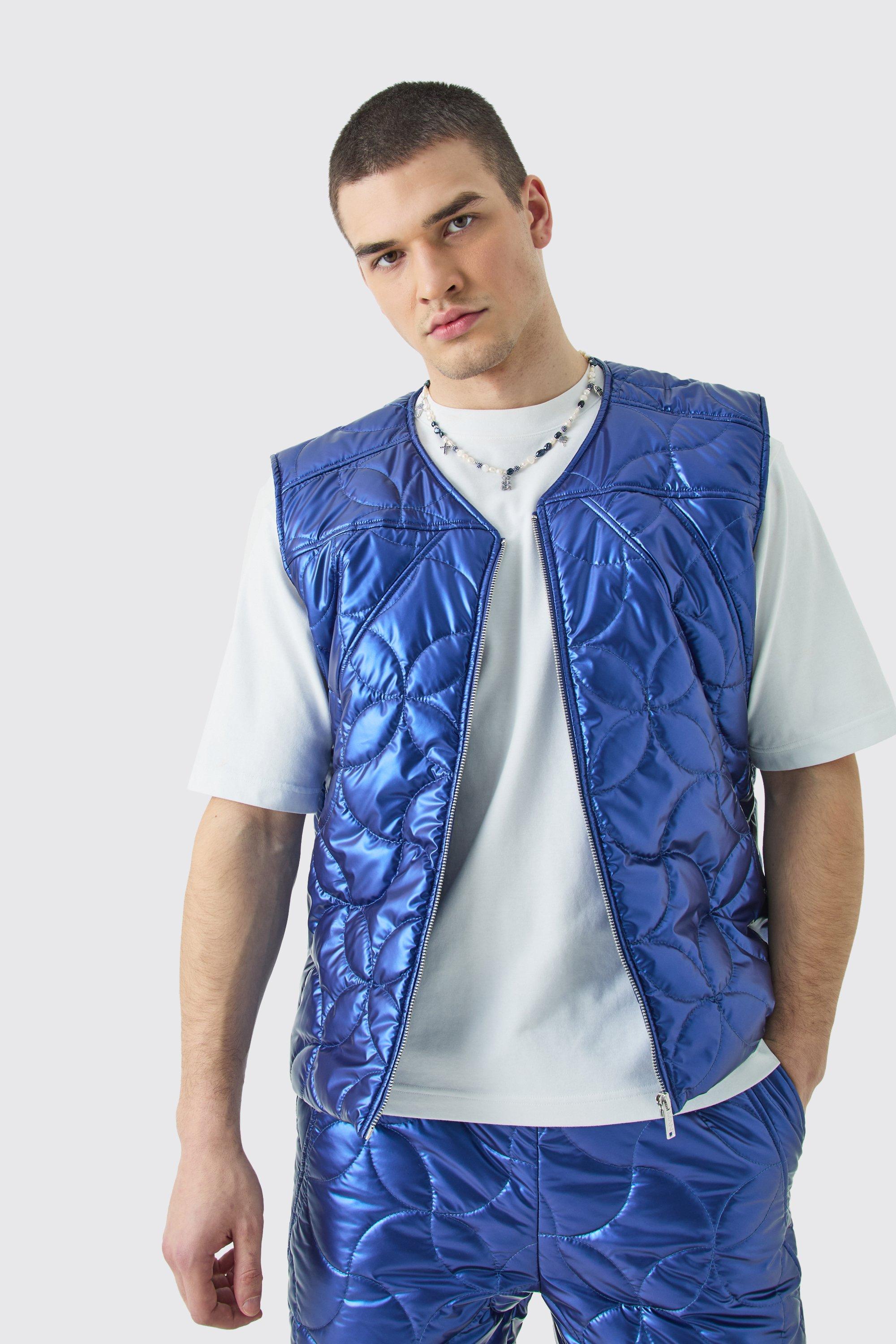 Mens Blue Tall Metallic Quilted Gilet, Blue