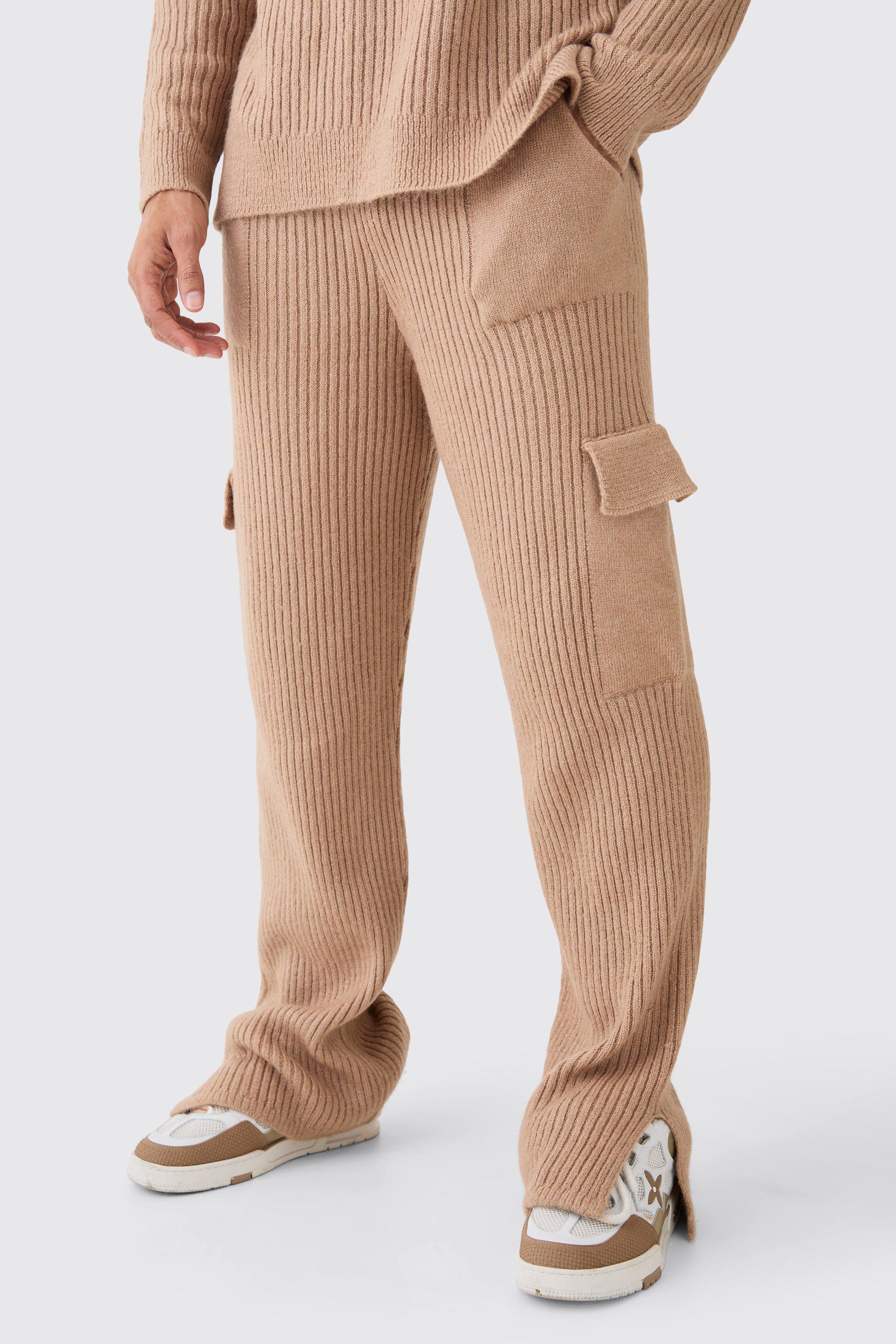 Mens Brown Relaxed Marl Ribbed Knit Cargo Joggers, Brown