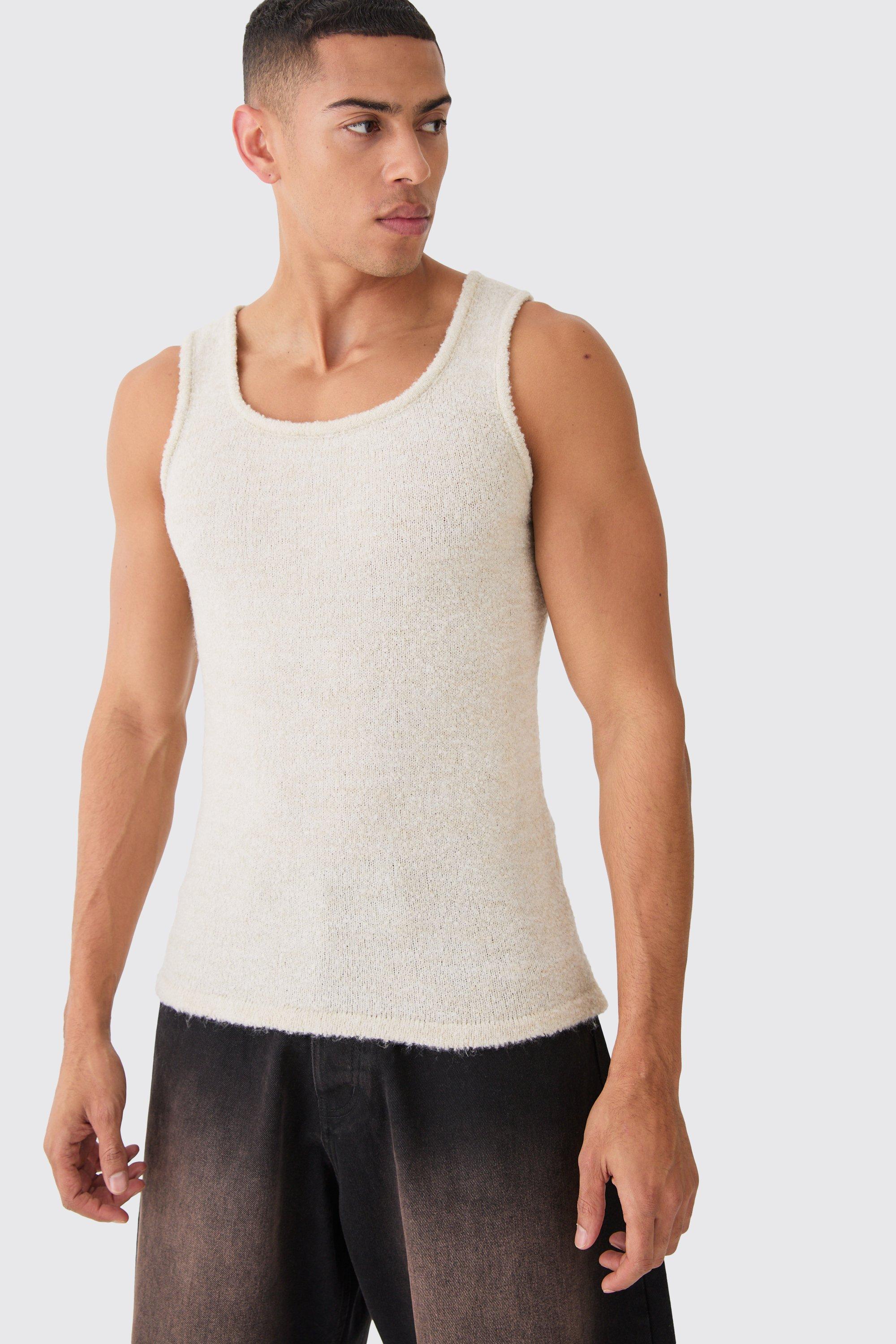 Mens Cream Muscle Fit Boucle Textured Knitted Vest, Cream