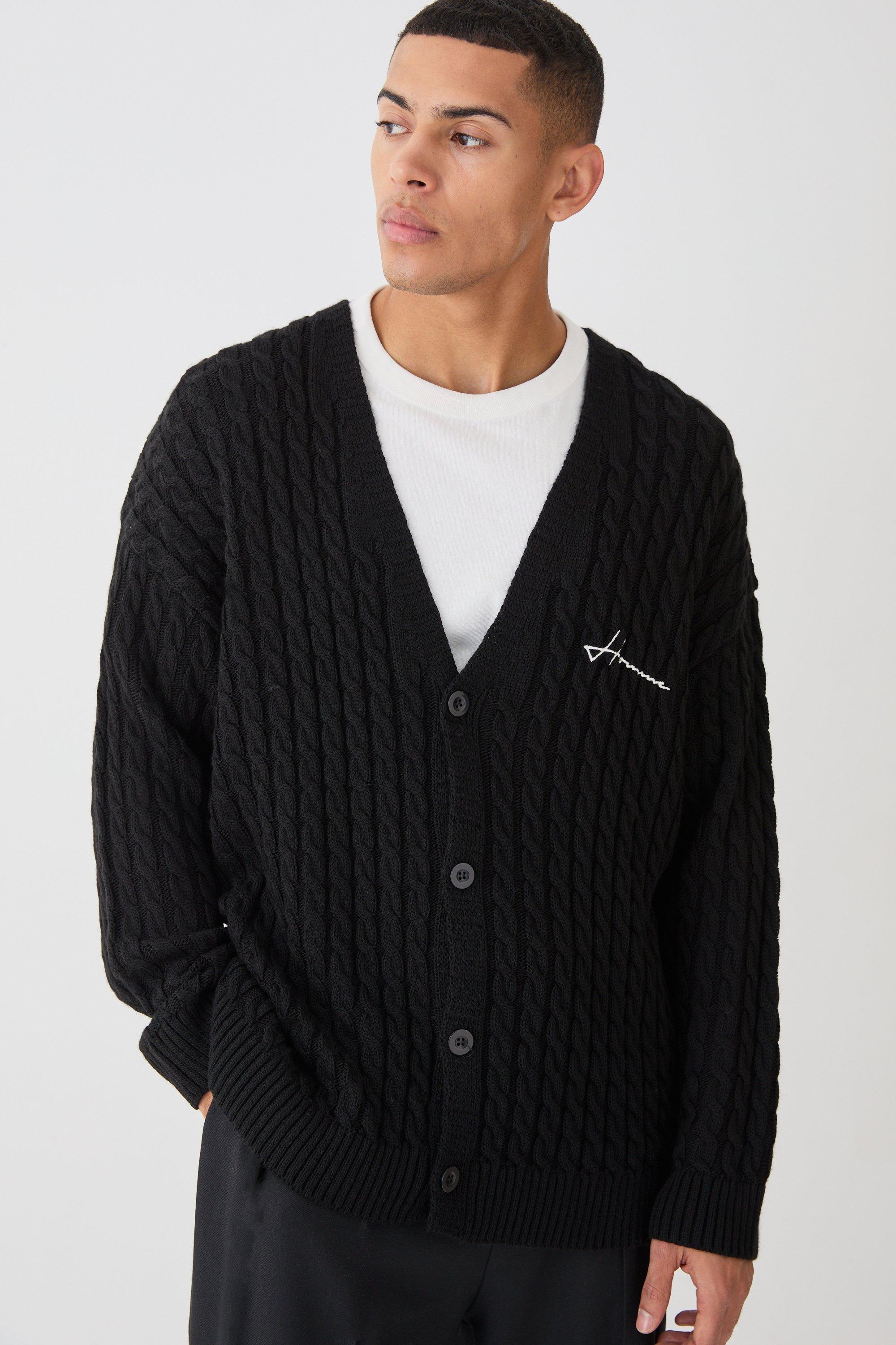 Mens Black Oversized Homme Cable Knitted Cardigan, Black