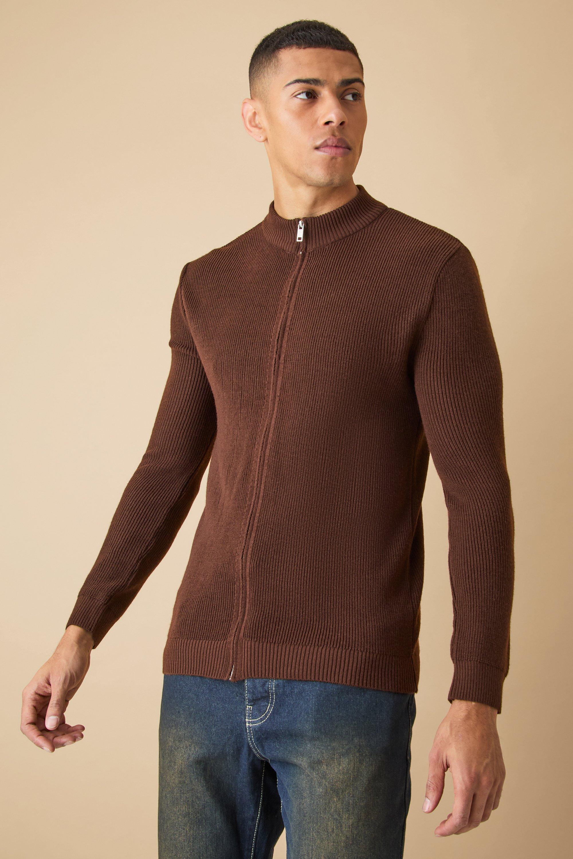 Image of Giacca attillata in maglia a coste con zip, Brown