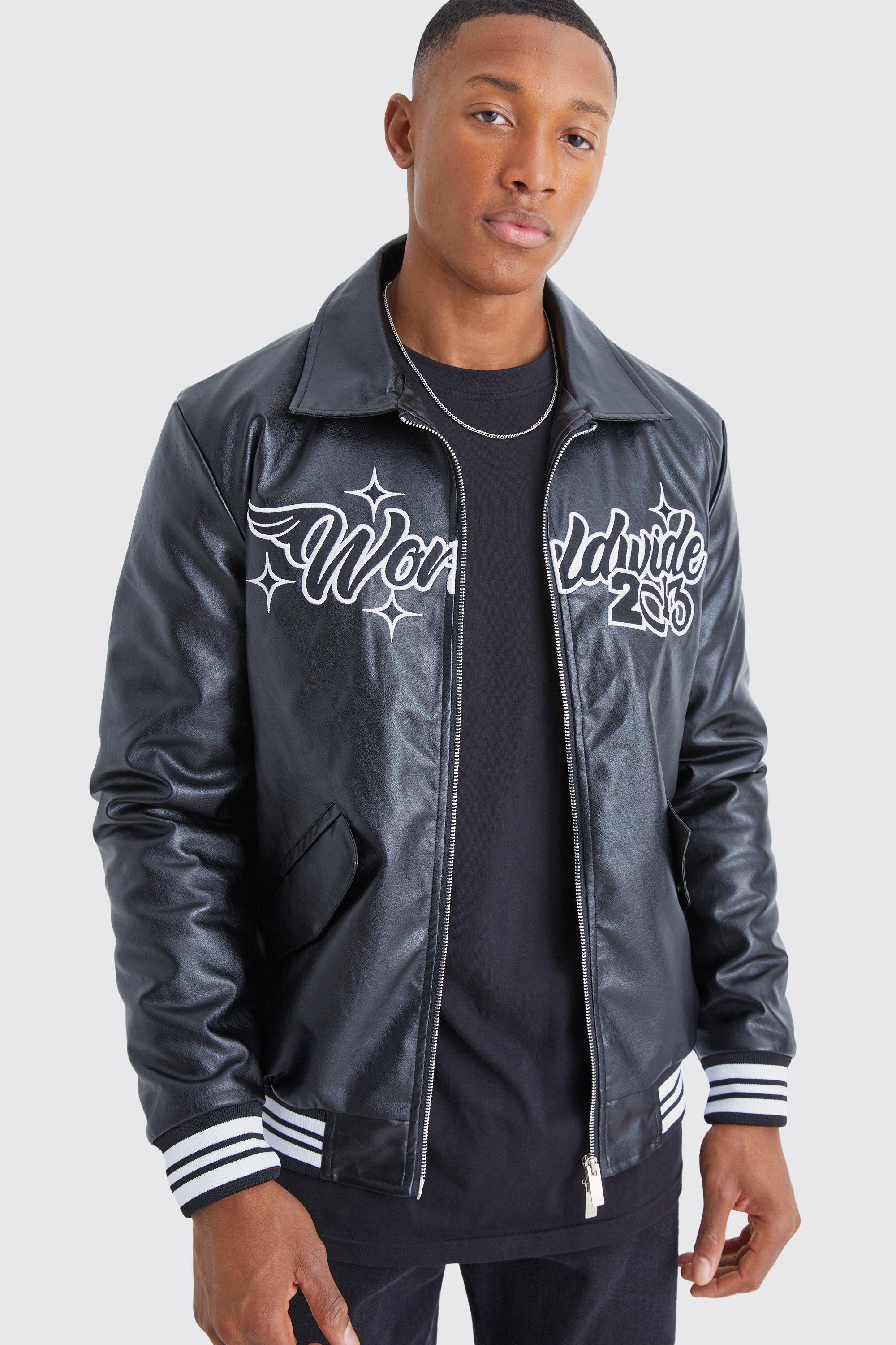 Mens Black Worldwide Pu Collared Bomber, Black