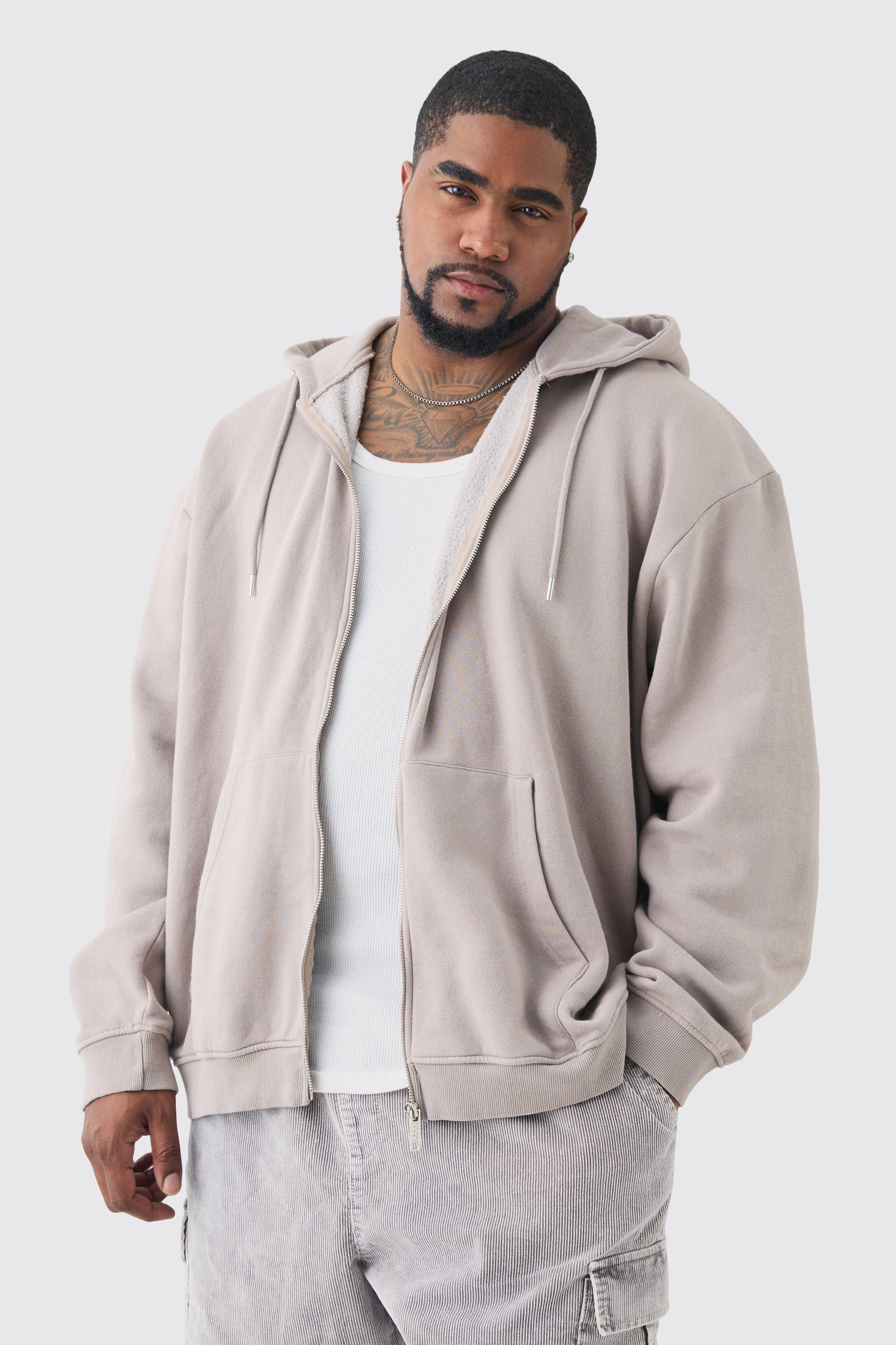 Mens Beige Plus Oversized Zip Through Laundered Wash Hoodie, Beige