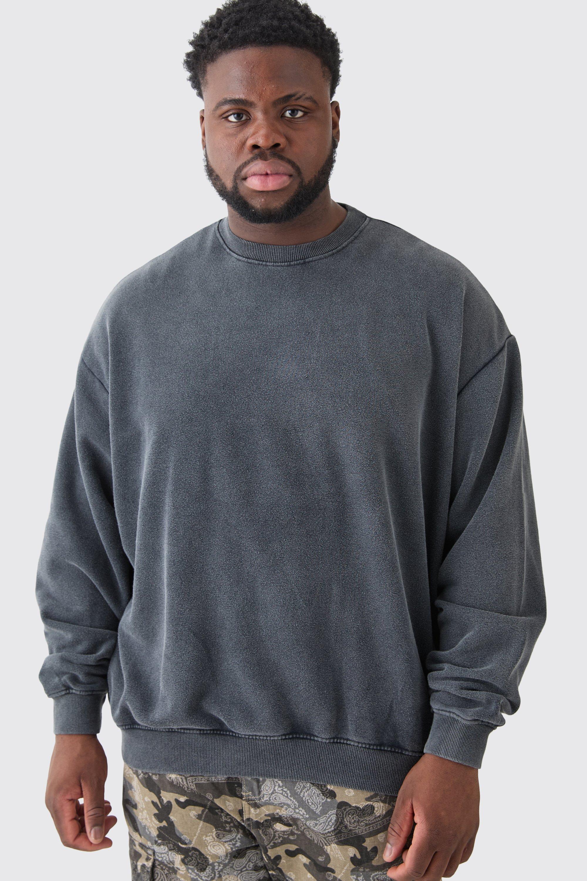 Mens Grey Plus Oversized Laundered Wash Sweatshirt, Grey