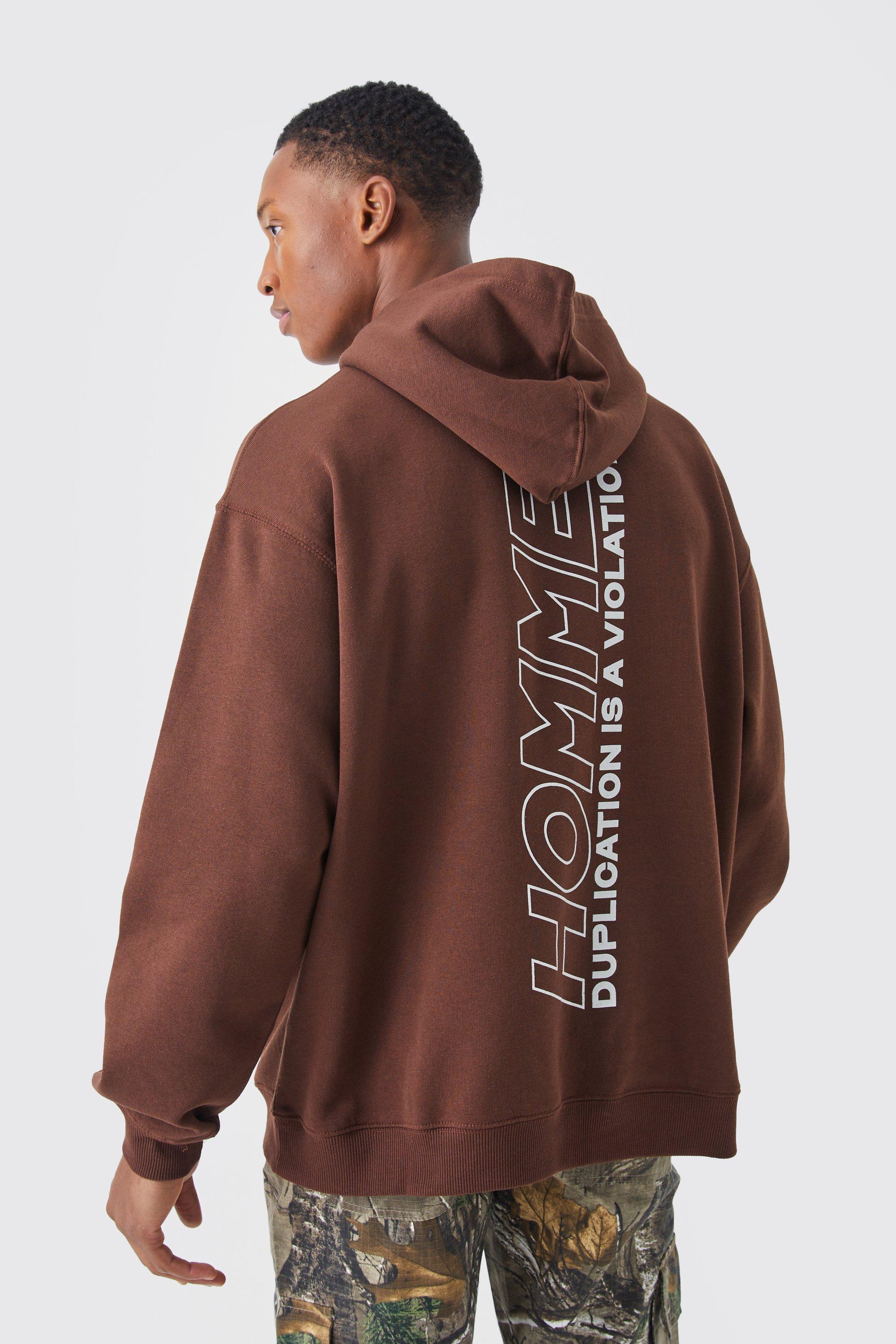 Mens Brown Oversized Overdye Graphic Homme Hoodie, Brown