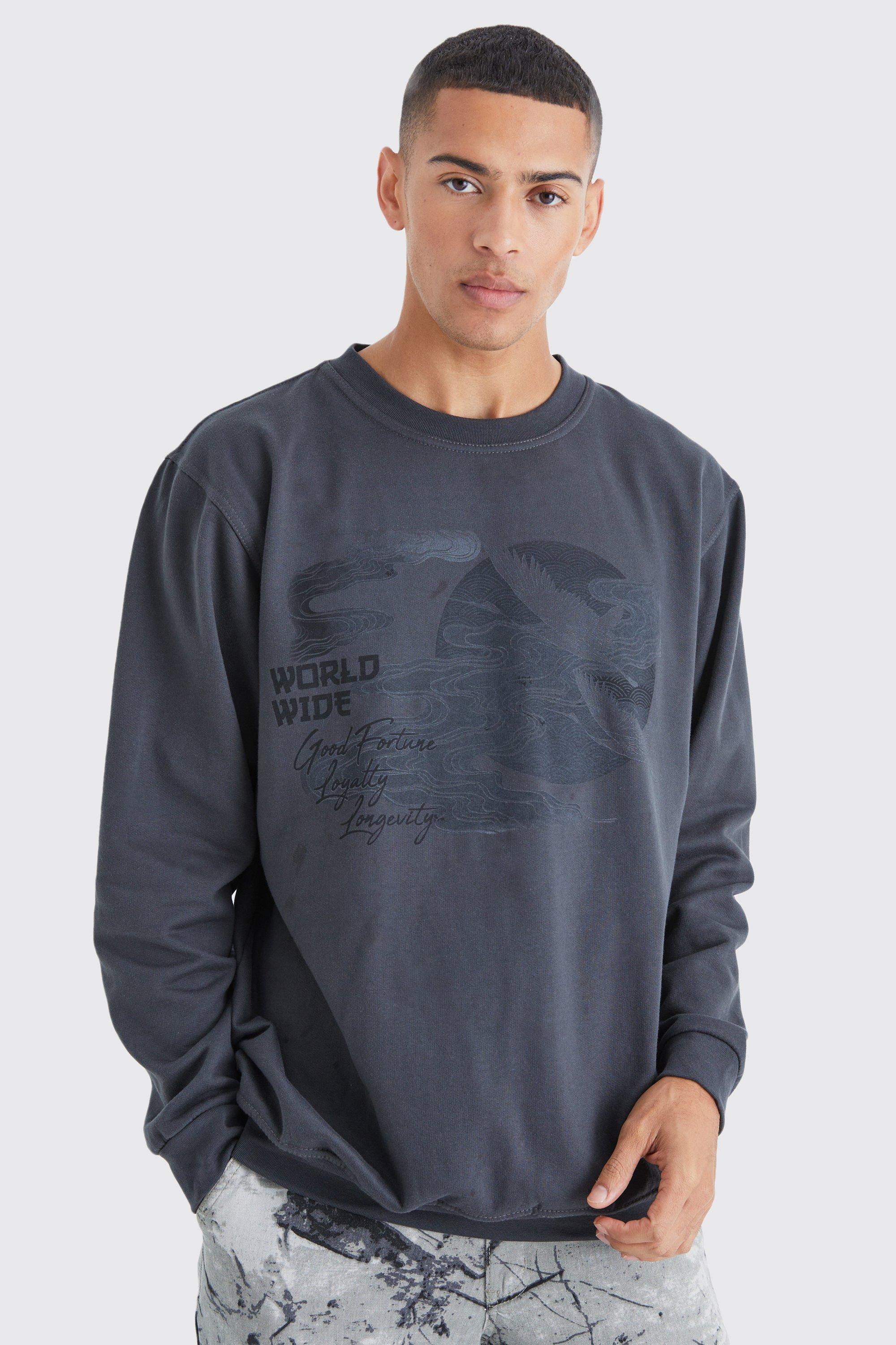 Mens Grey Oversized Boxy Graphic Sweatshirt, Grey