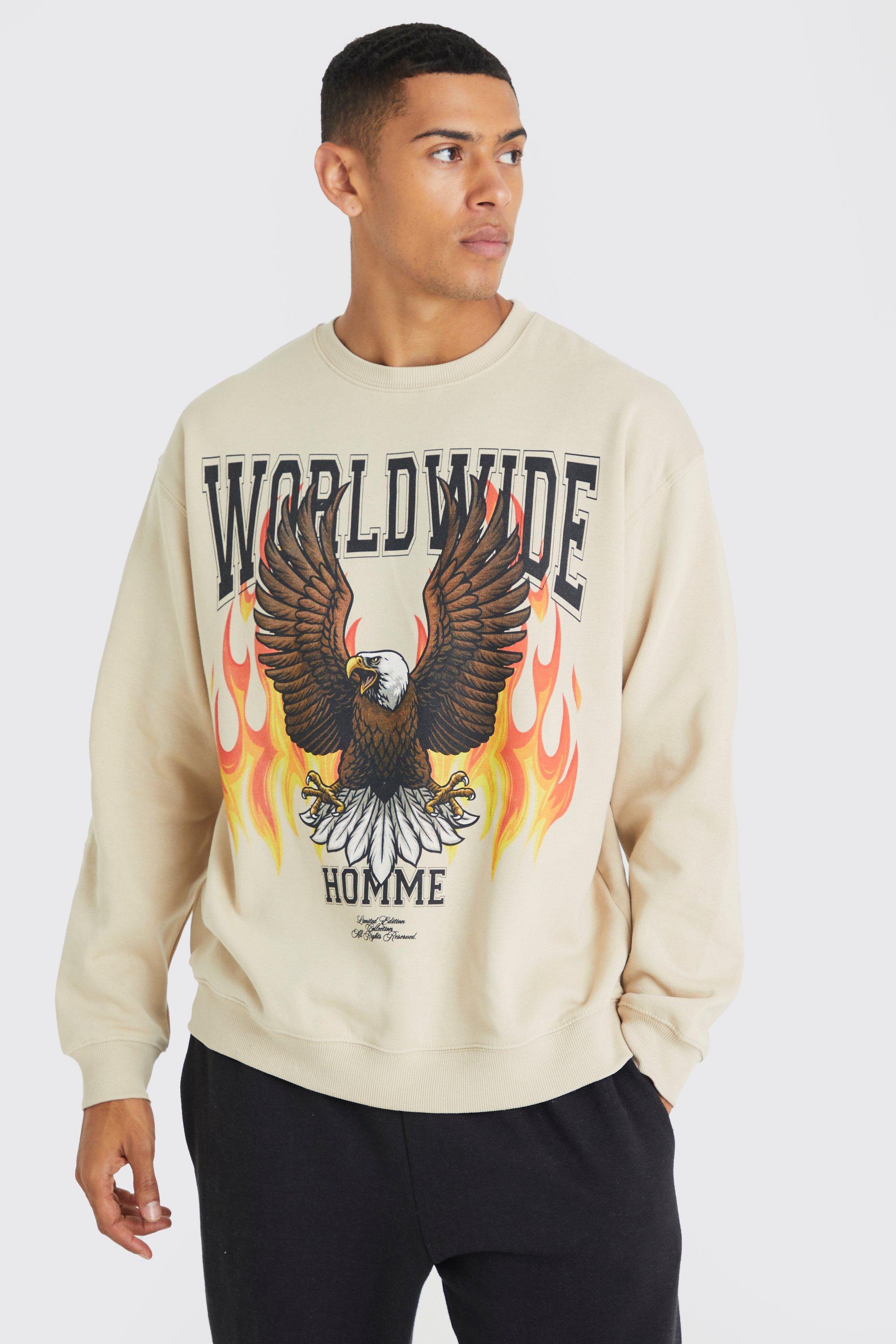 Mens Beige Eagle Graphic Sweatshirt, Beige