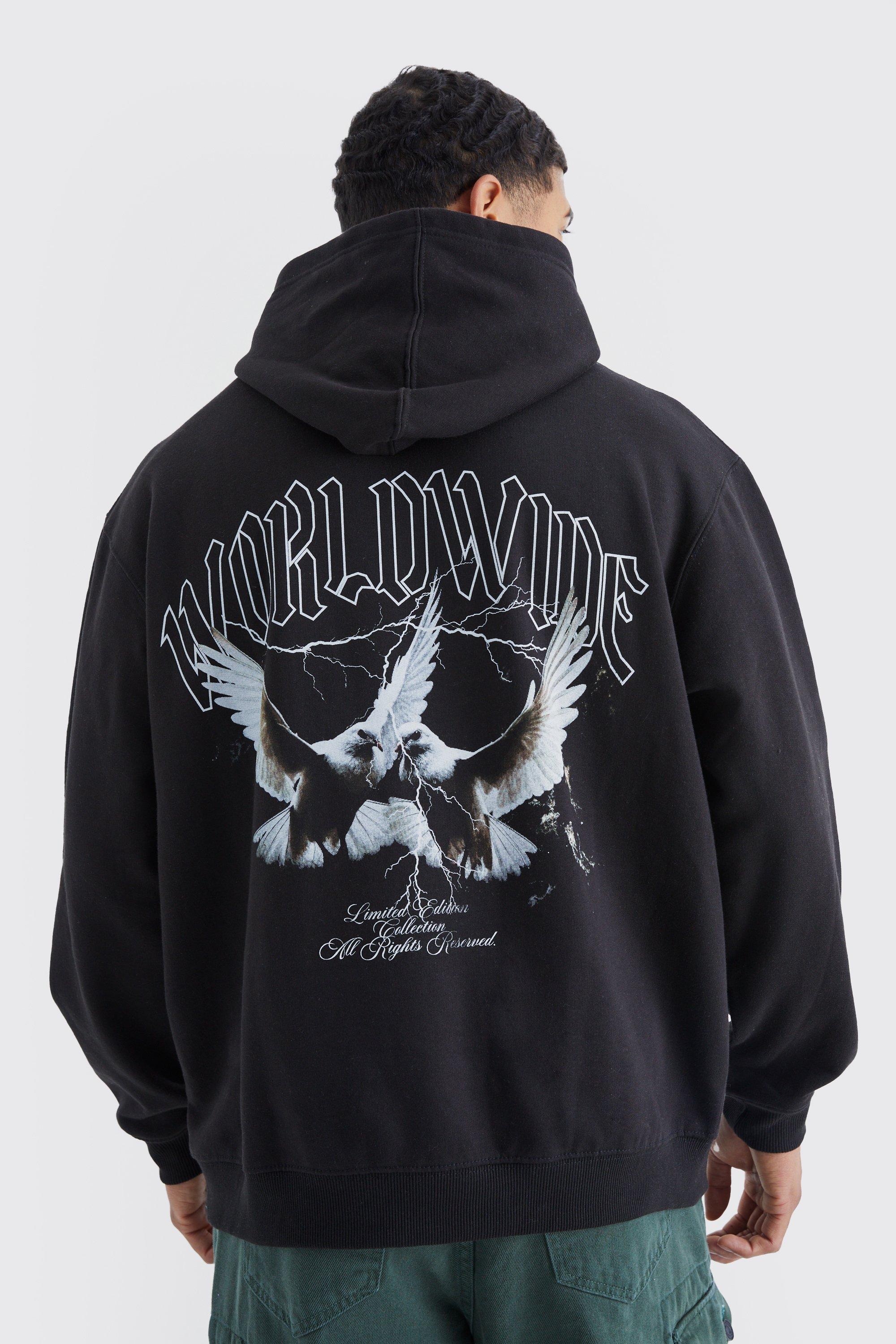 Mens Black Oversized World Wide Dove Graphic Hoodie, Black