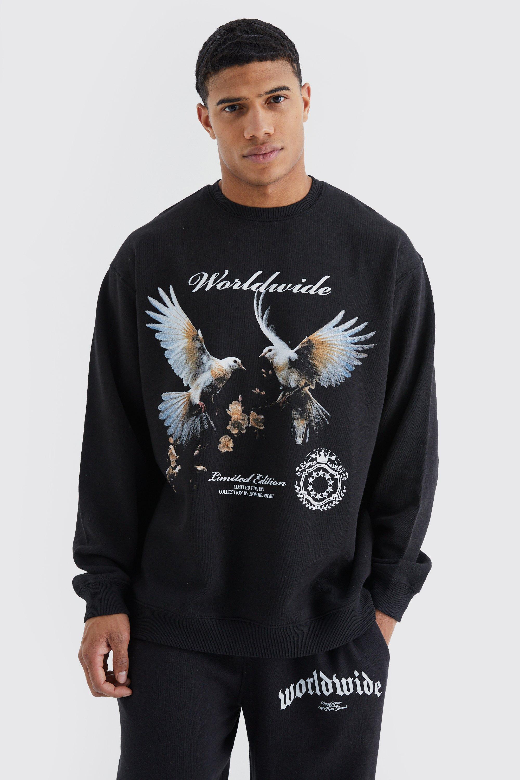 Mens Black Oversized Dove Graphic Sweatshirt, Black