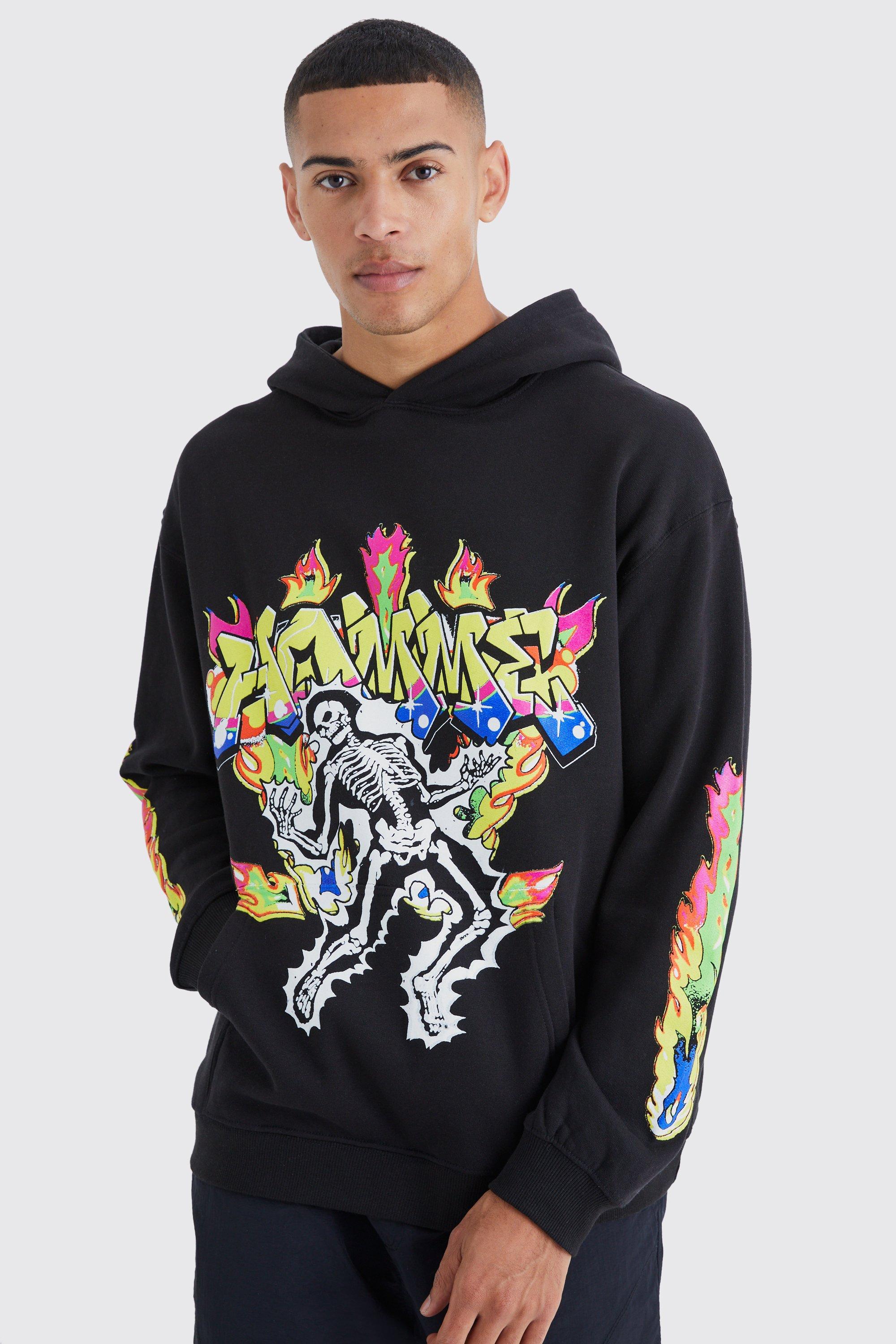 Mens Black Oversized Boxy Flame Graphic Hoodie, Black