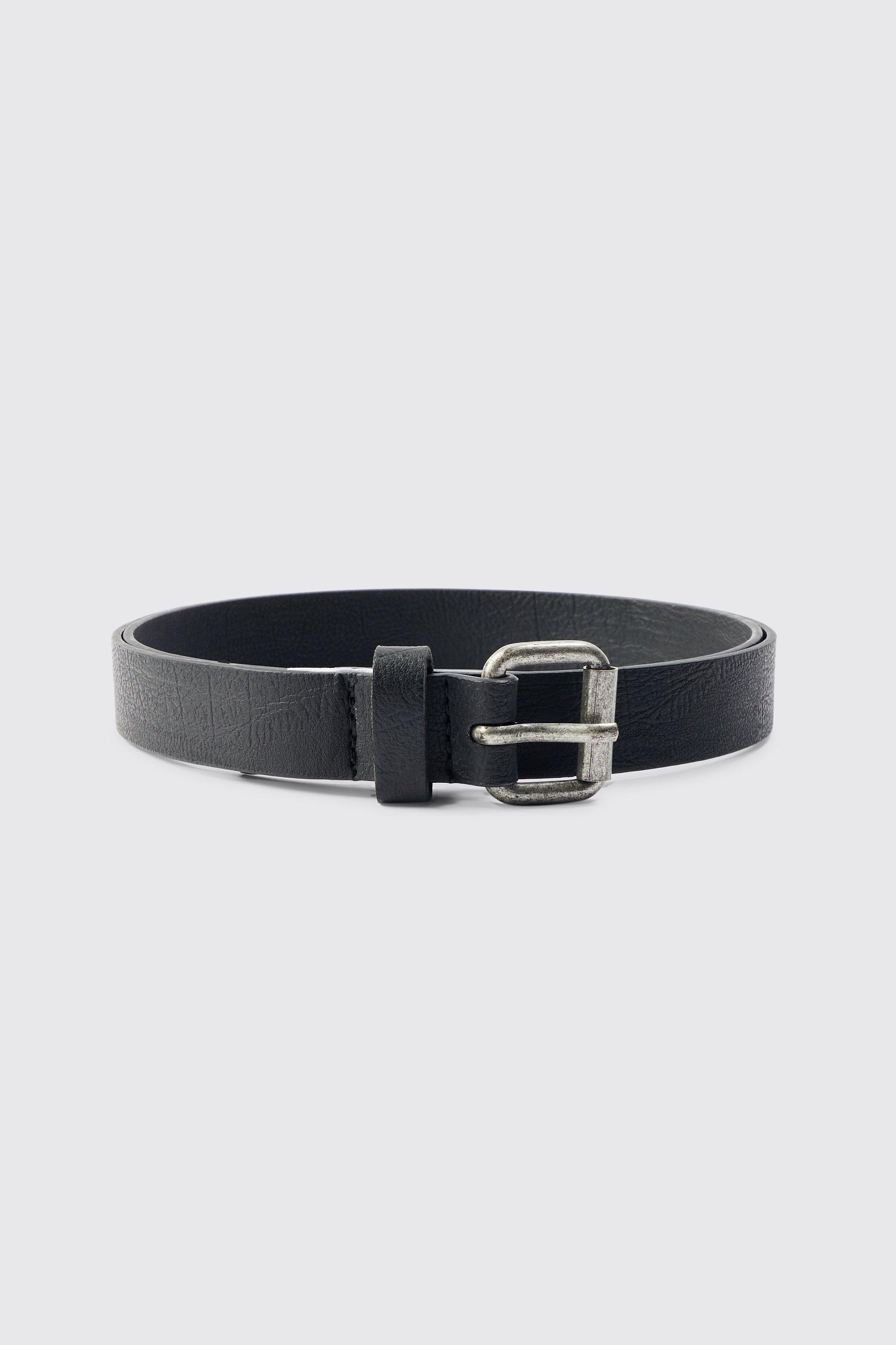 Mens Black Faux Leather Silver Buckle Belt, Black