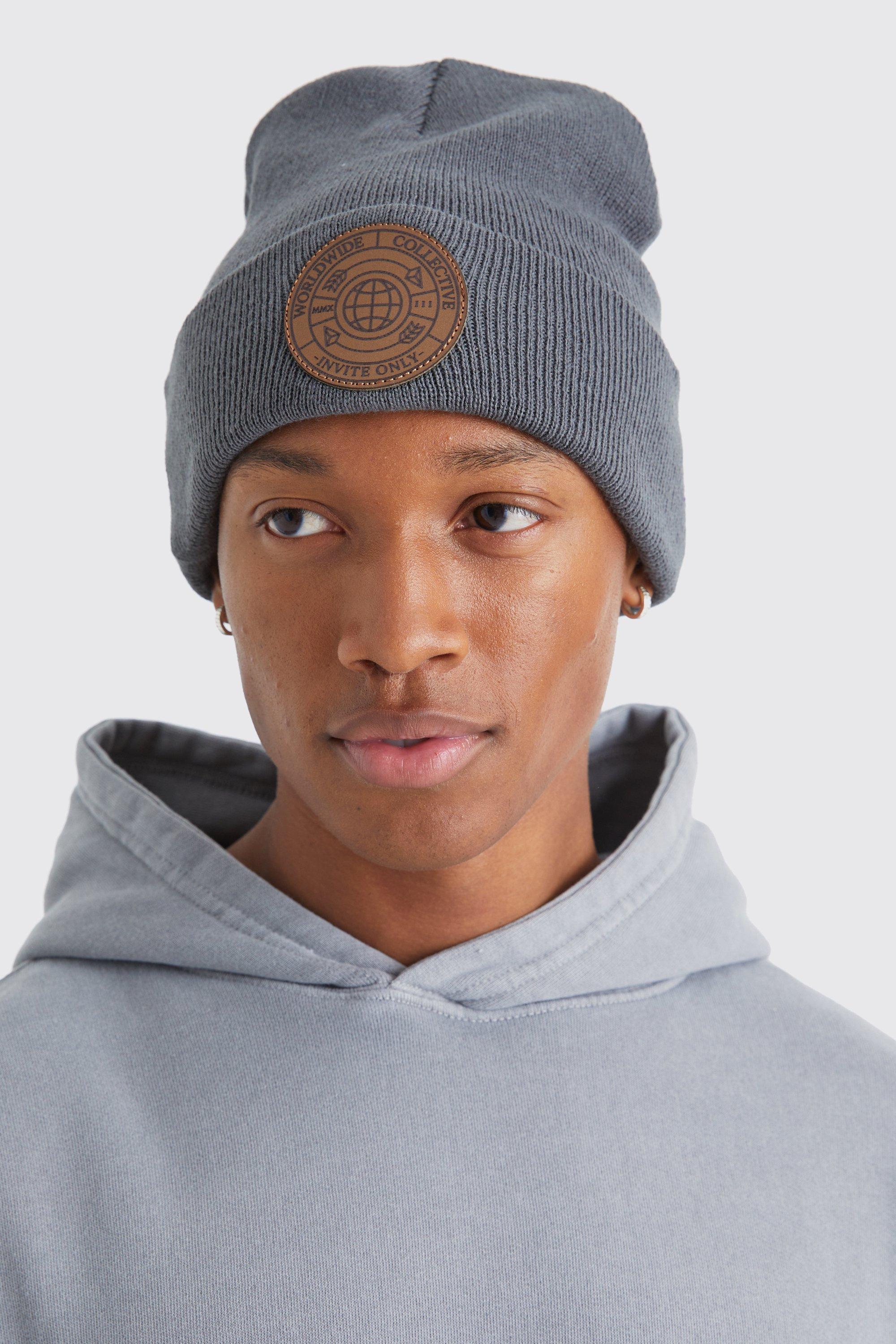 Mens Grey Worldwide Embroidered Beanie, Grey