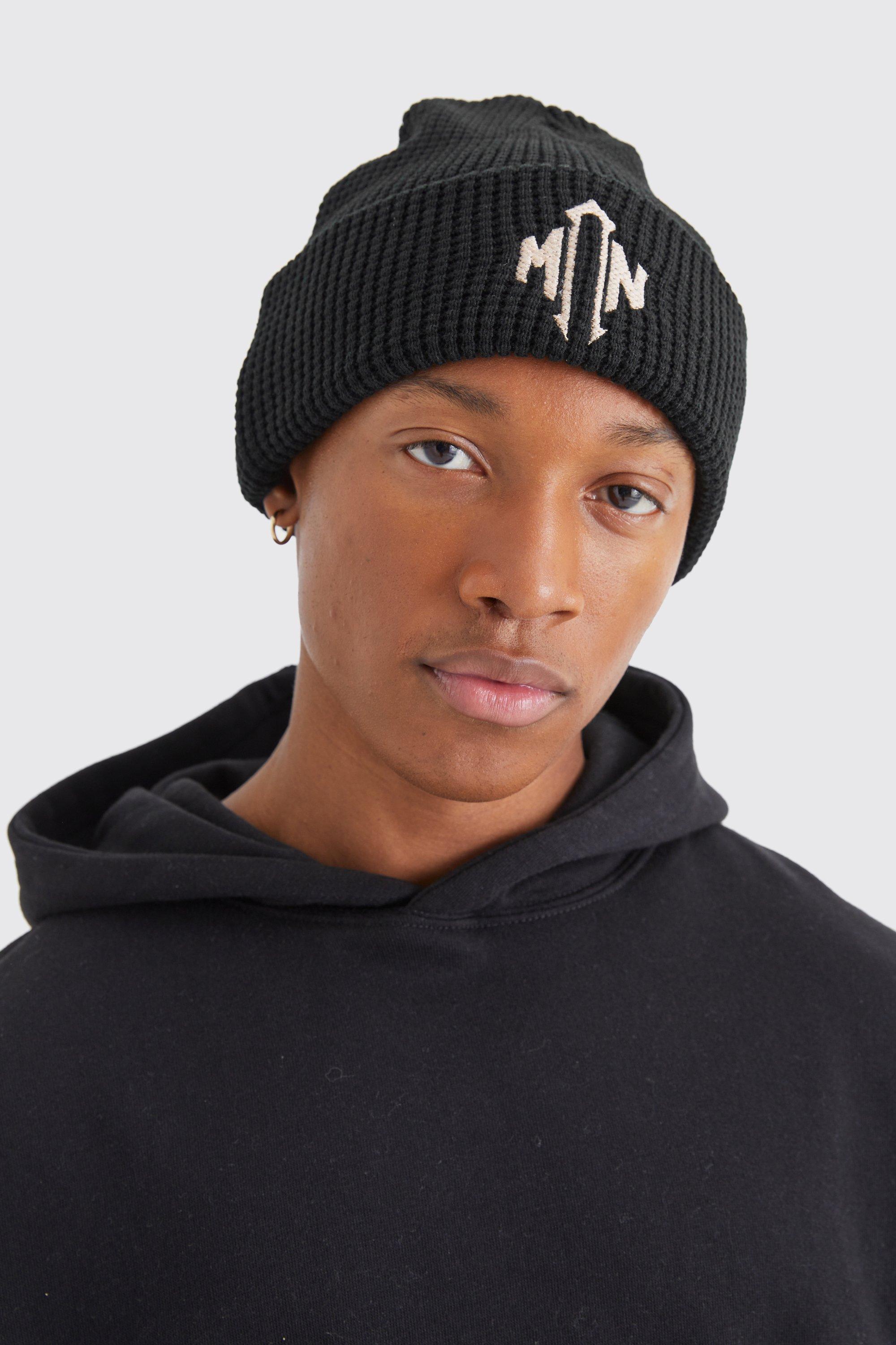 Mens Black Man Crochet Applique Beanie, Black