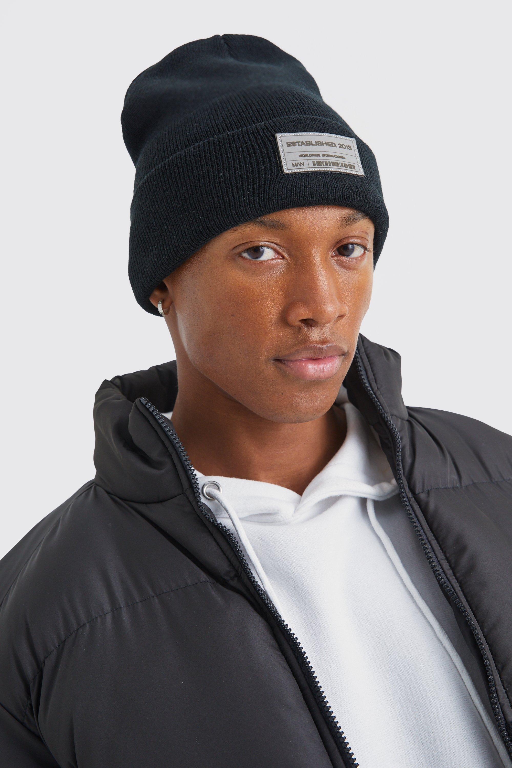 Mens Black Pu Man Tab Beanie, Black