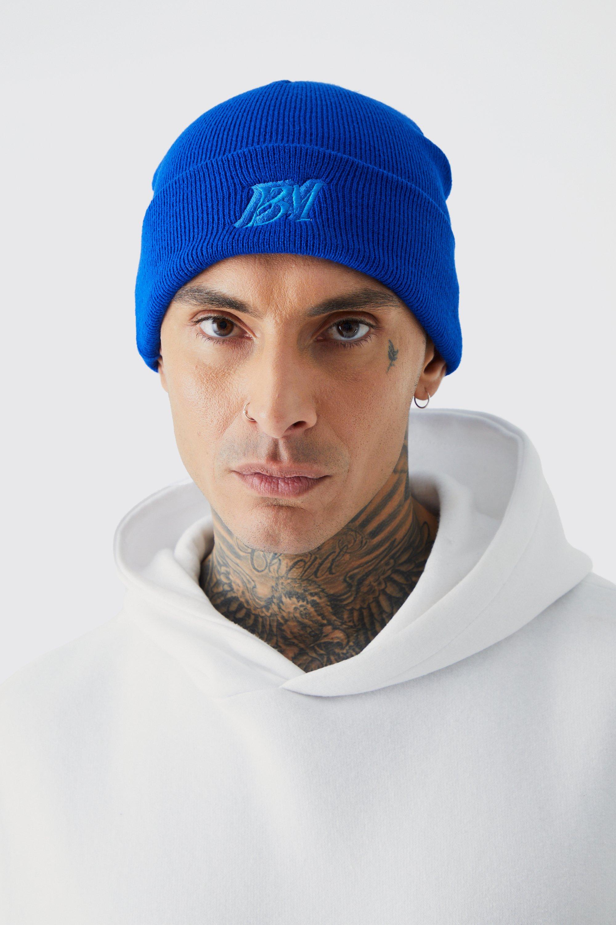 Mens Blue Bm Embroidery Beanie, Blue