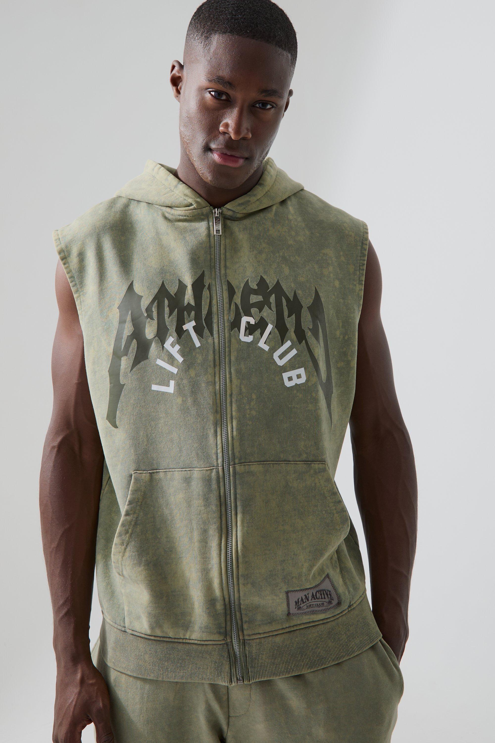 Mens Green Man Active Oversized Washed Sleeveless Hoodie, Green