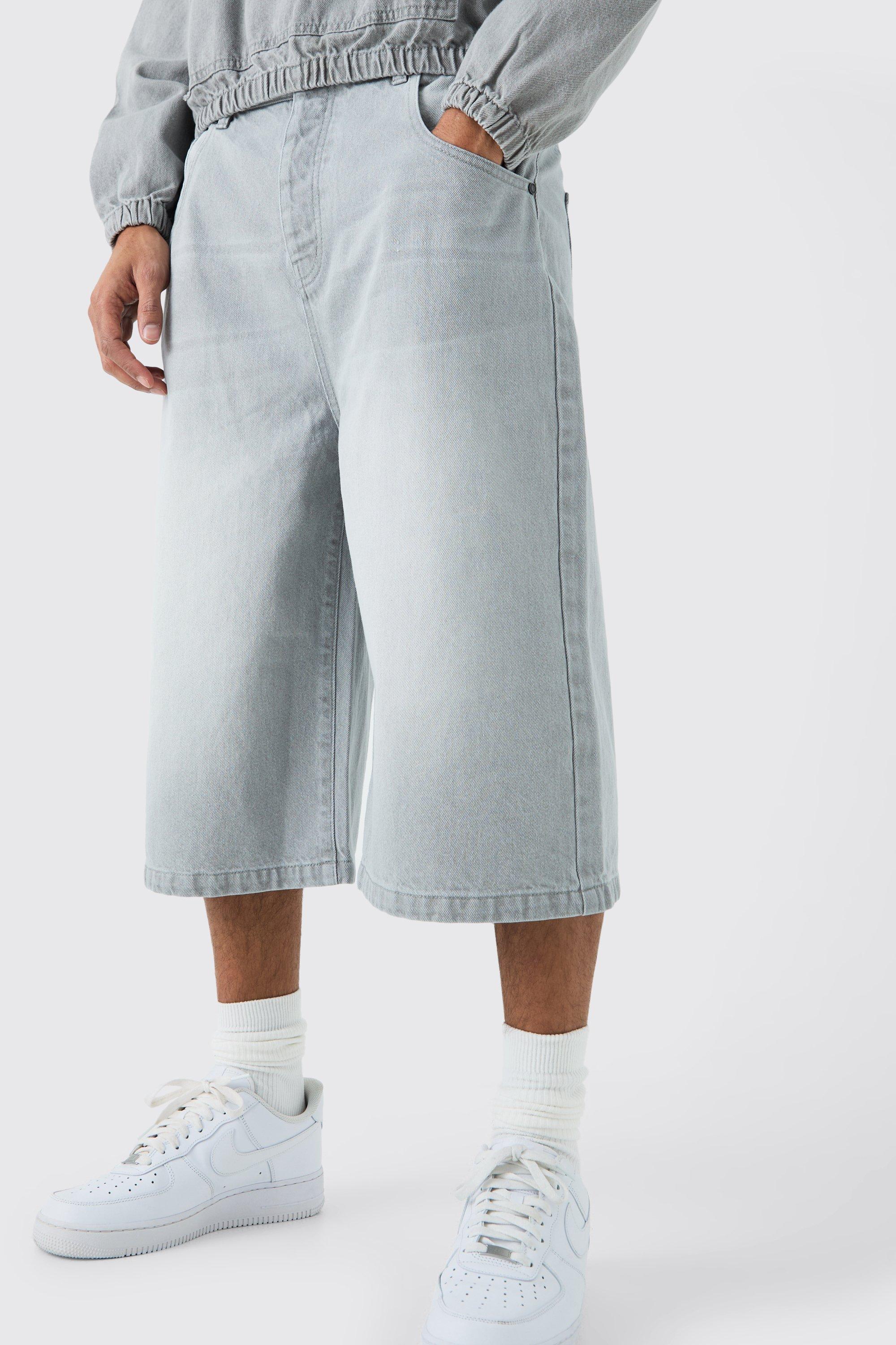 Mens Long Line Denim Jorts In Grey Wash, Grey