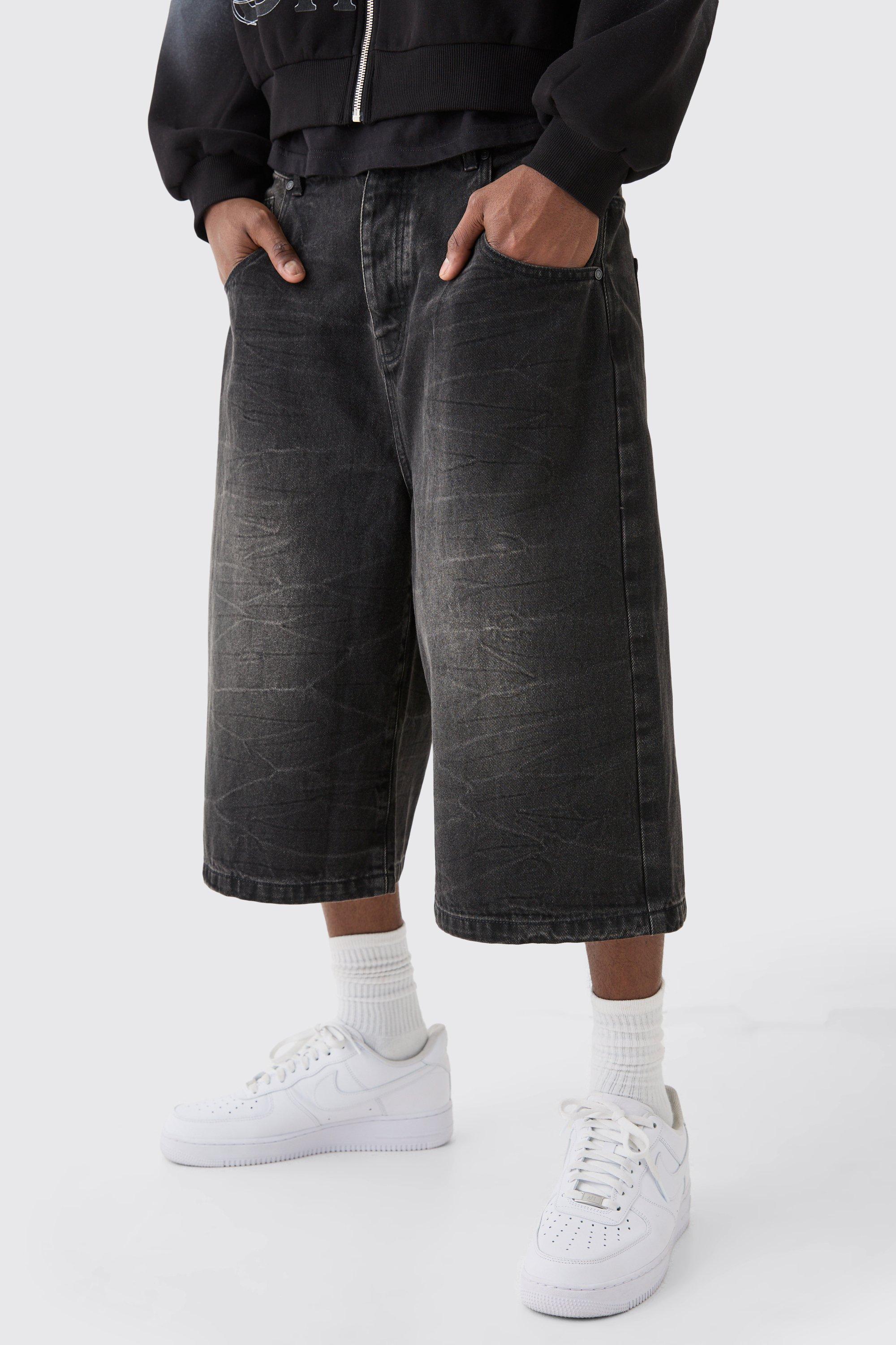 Mens Long Line Denim Jorts In Washed Black, Black