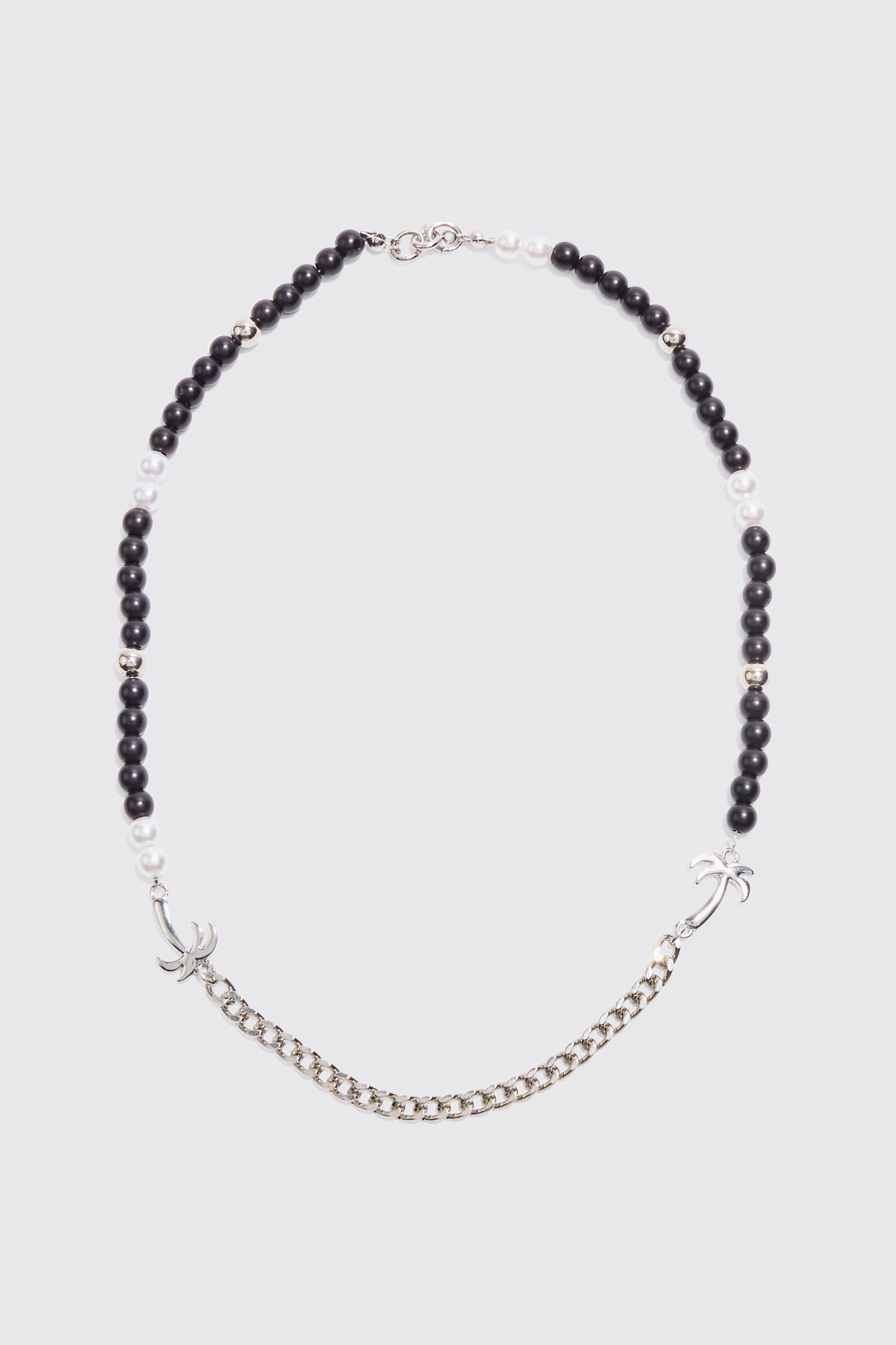 Image of Collana a catena con pendente a forma di palma e perle, Grigio