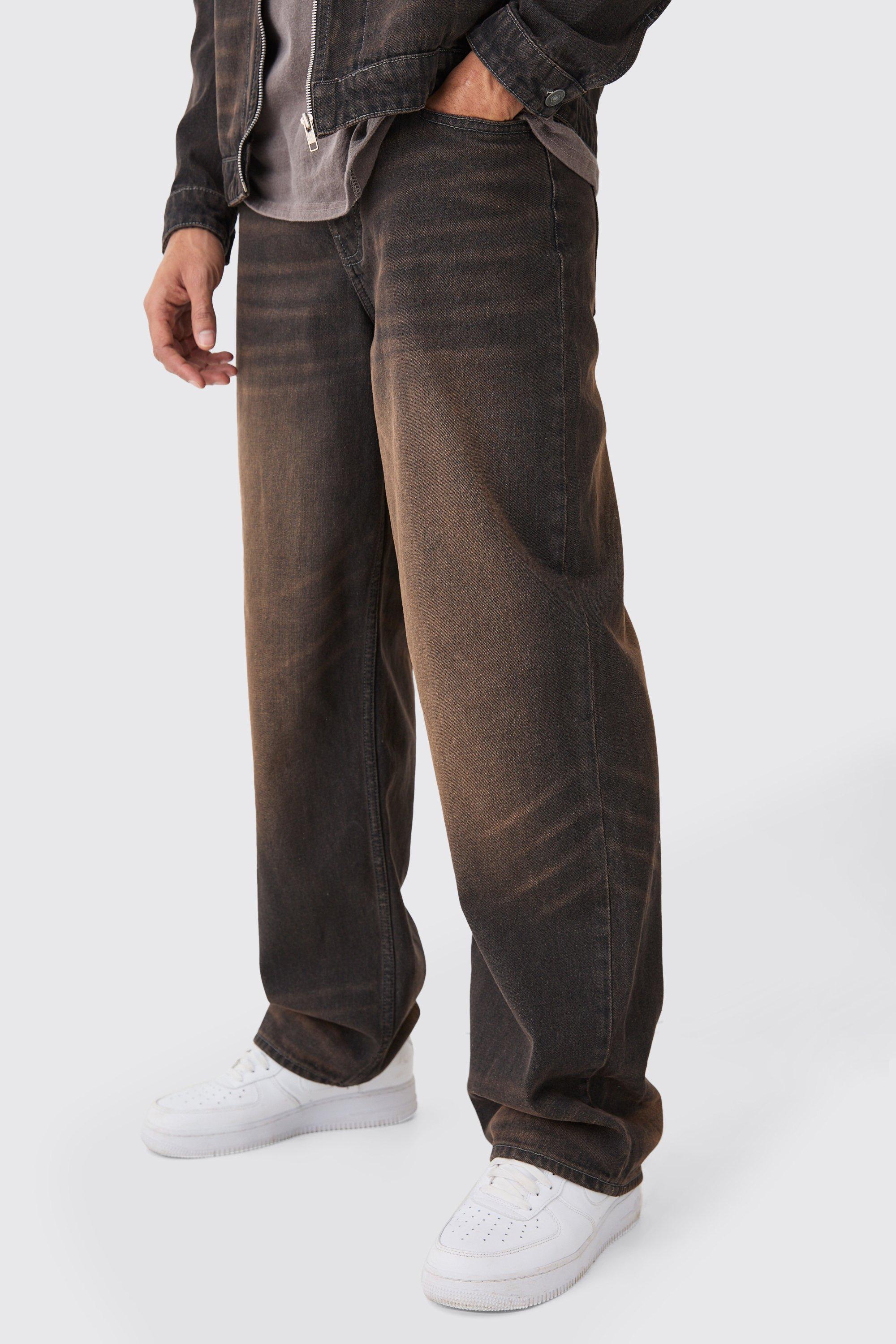 Image of Jeans extra comodi slavati in denim rigido, Brown