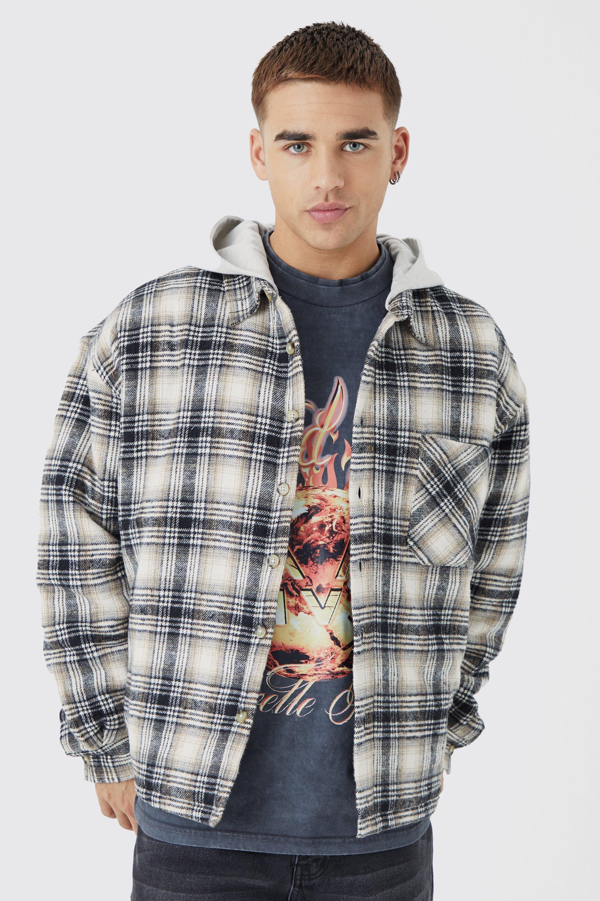 Mens Multi Oversized Detachable Hood Quilted Check Shirt, Multi