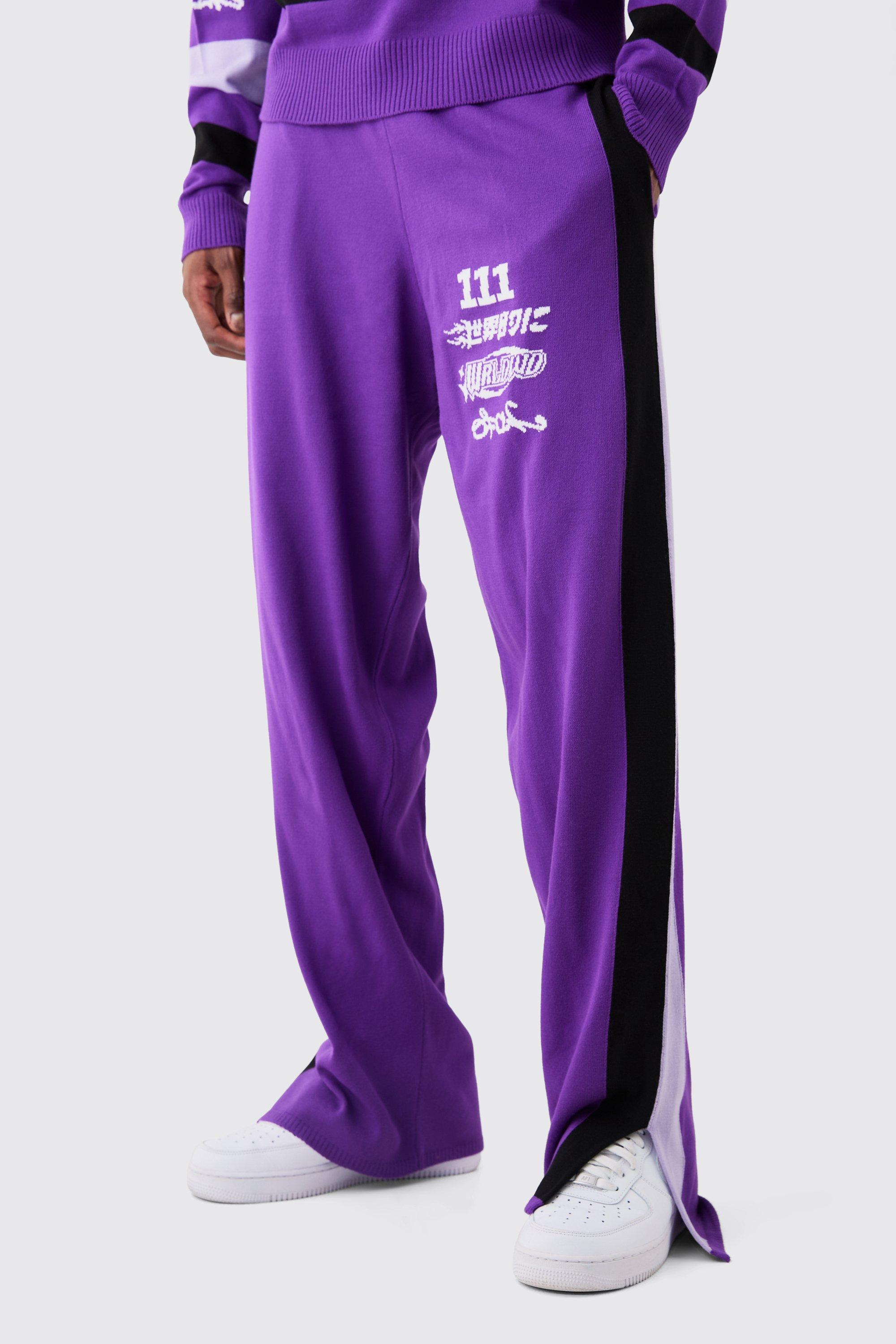 Mens Purple Relaxed Fit Moto Knitted Joggers, Purple