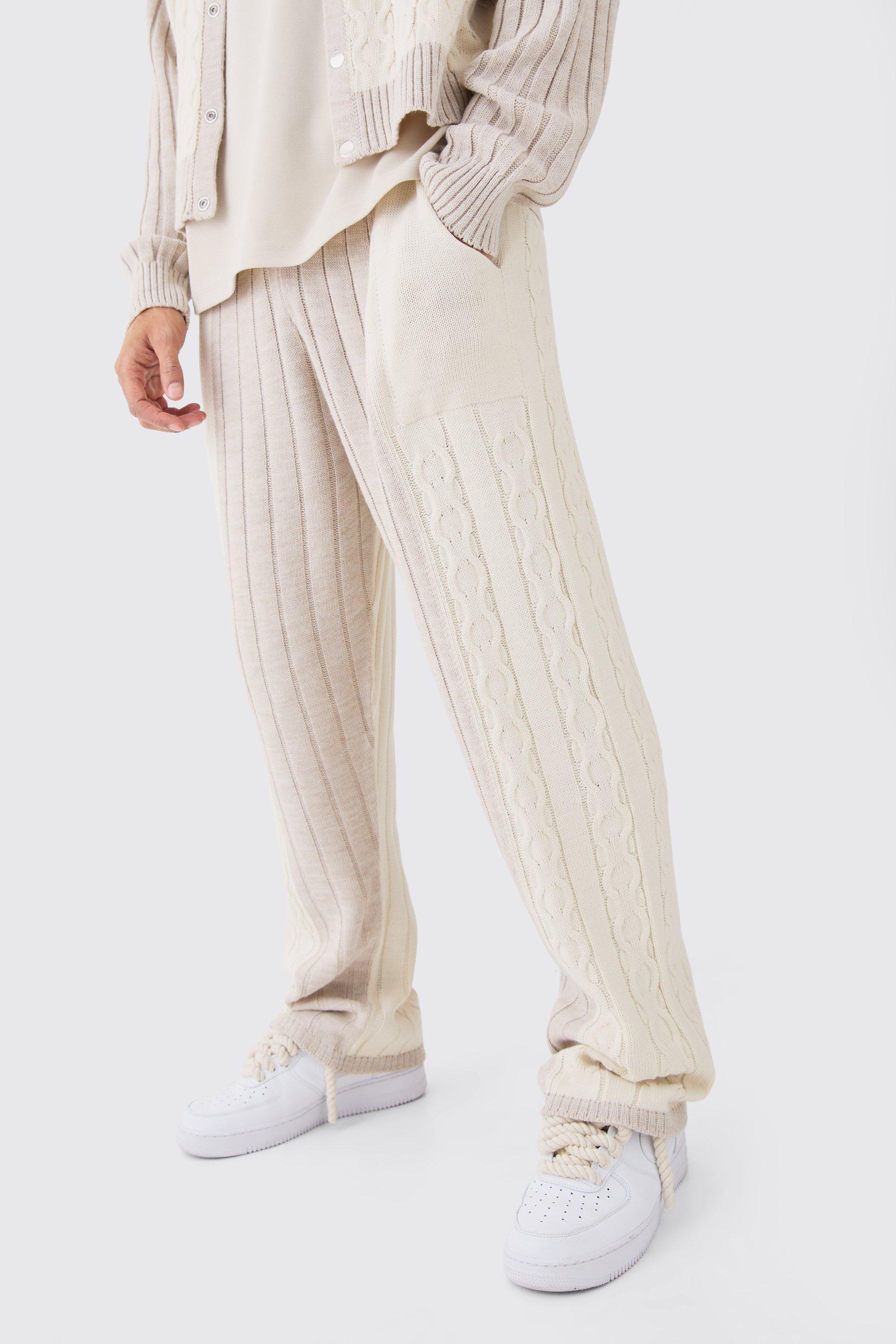 Mens Cream Relaxed Fit Cable Knitted Joggers, Cream
