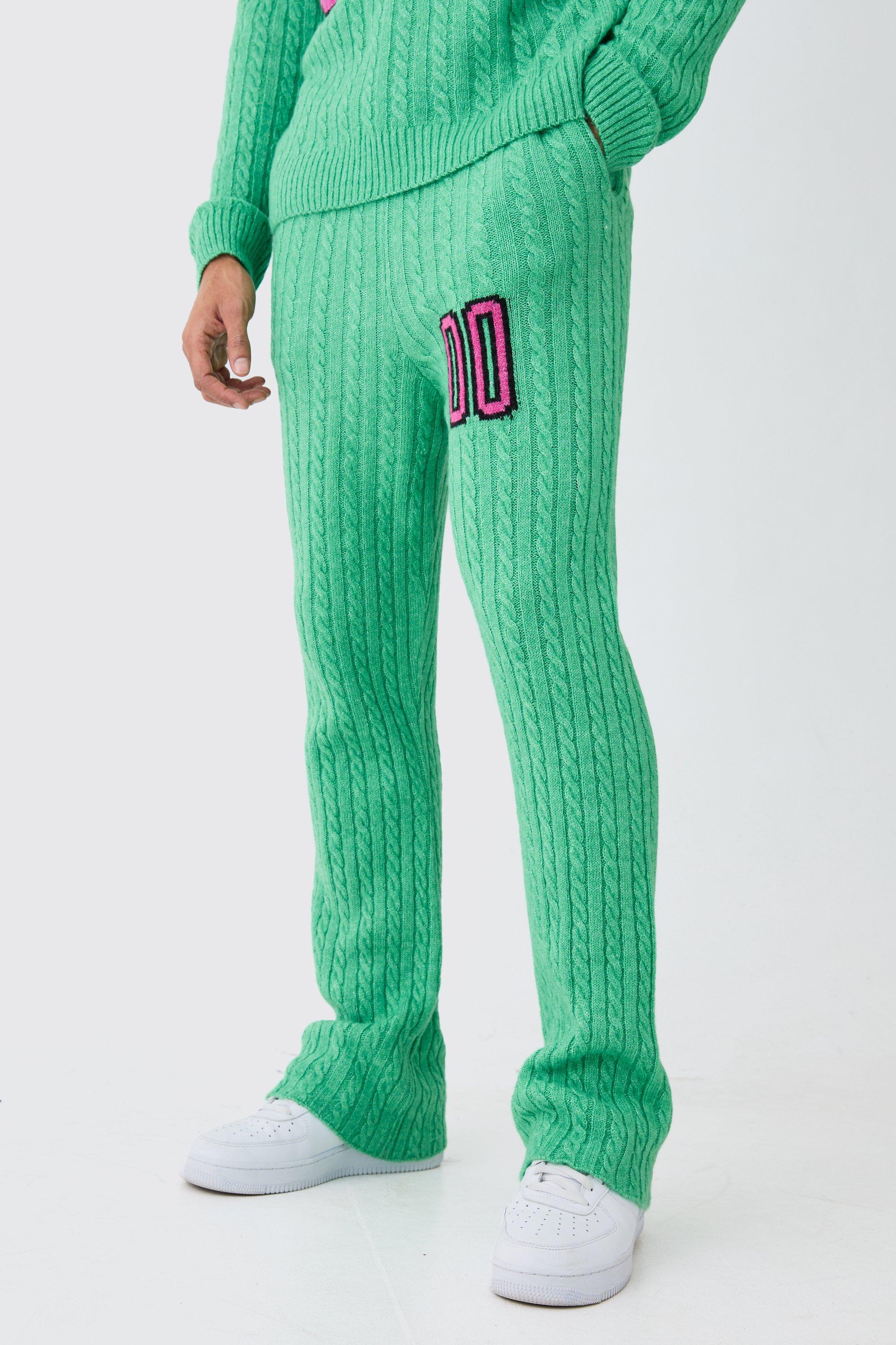 Image of Pantaloni tuta a zampa Slim Fit in maglia intrecciata spazzolata, Verde