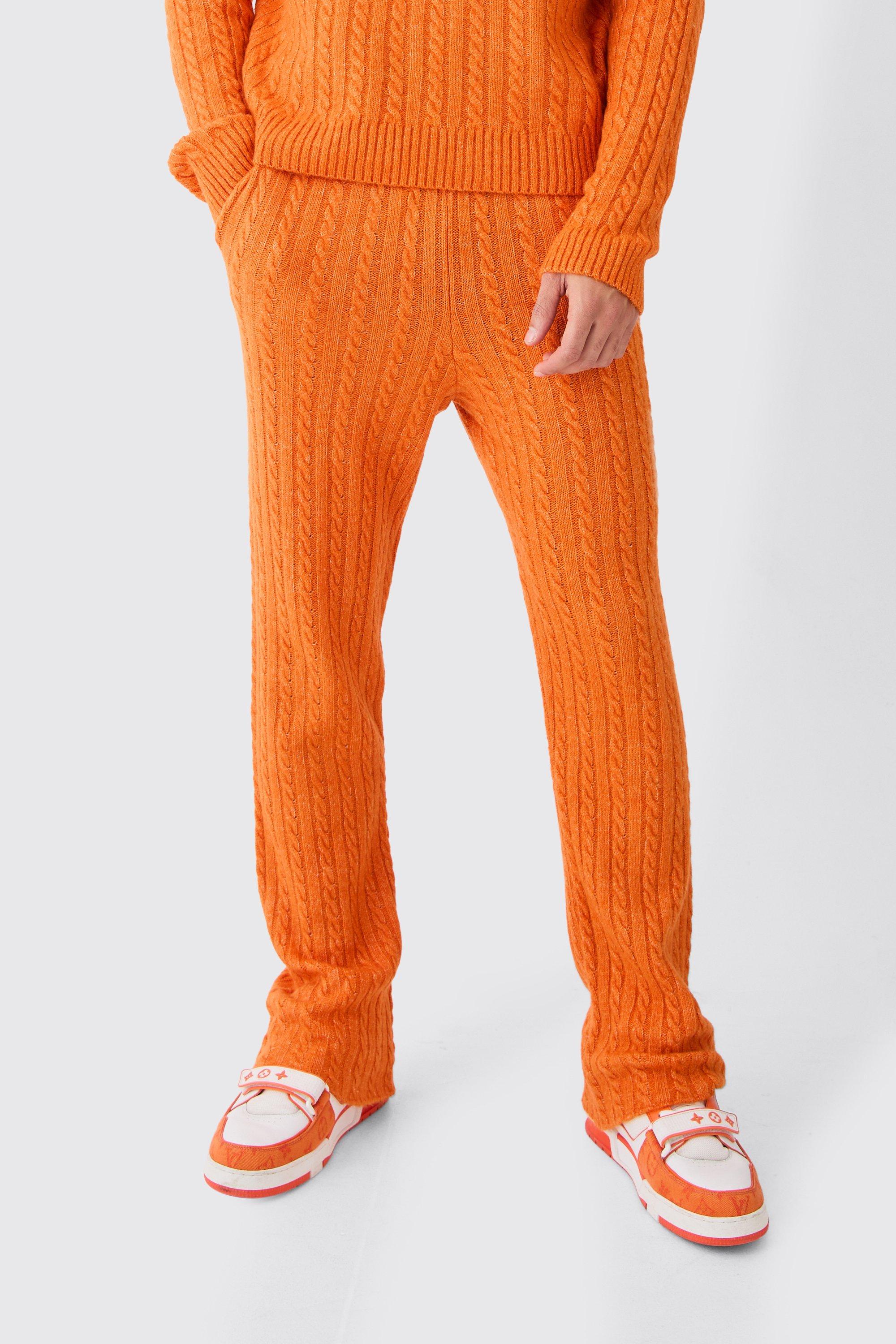 Mens Orange Slim Flare Brushed Cable Knit Joggers, Orange