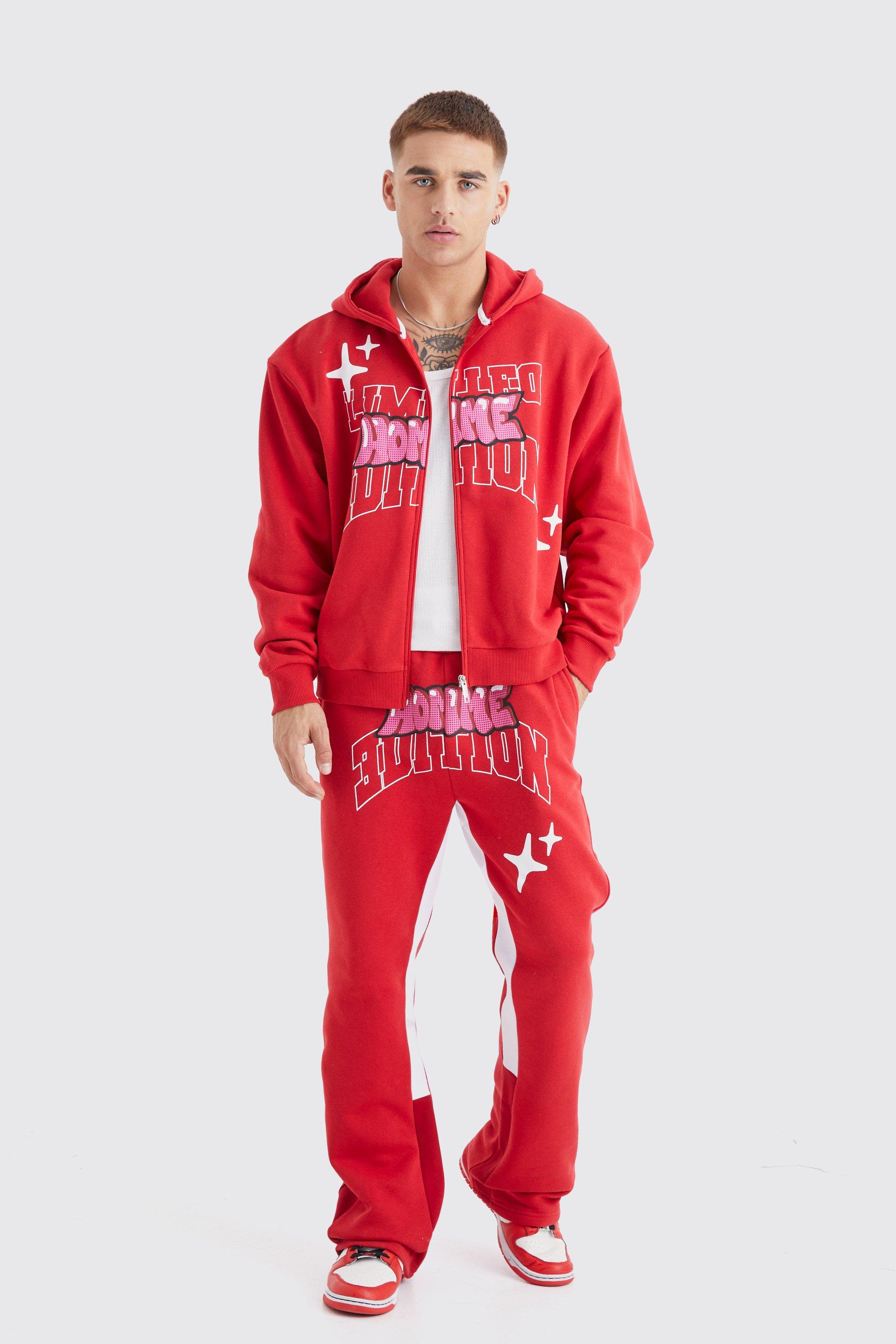 Mens Red Oversized Boxy Zip Through Puff Print Gusset Tracksuit, Red