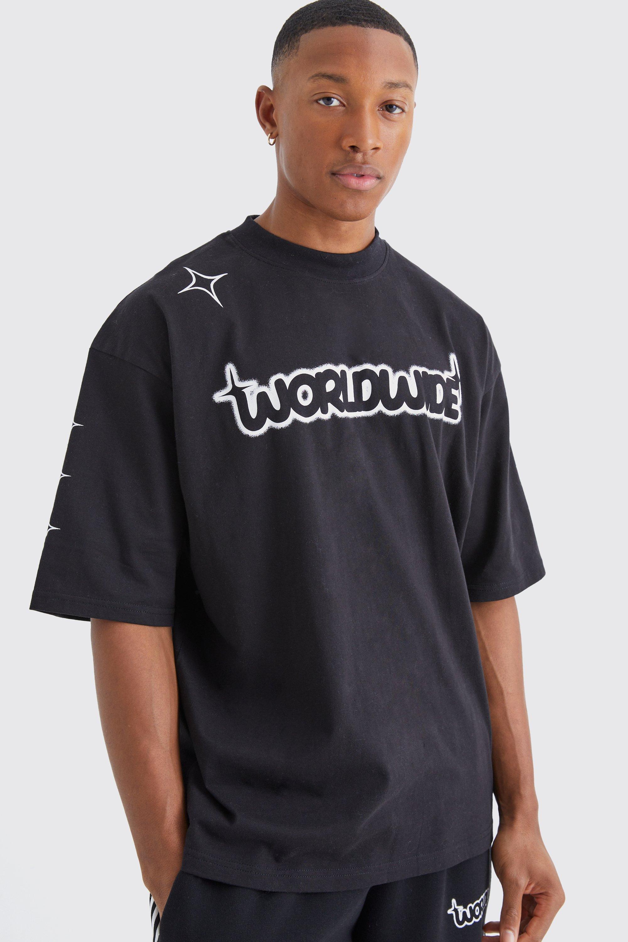 Image of T-shirt squadrata oversize Worldwide con mezze maniche, Nero