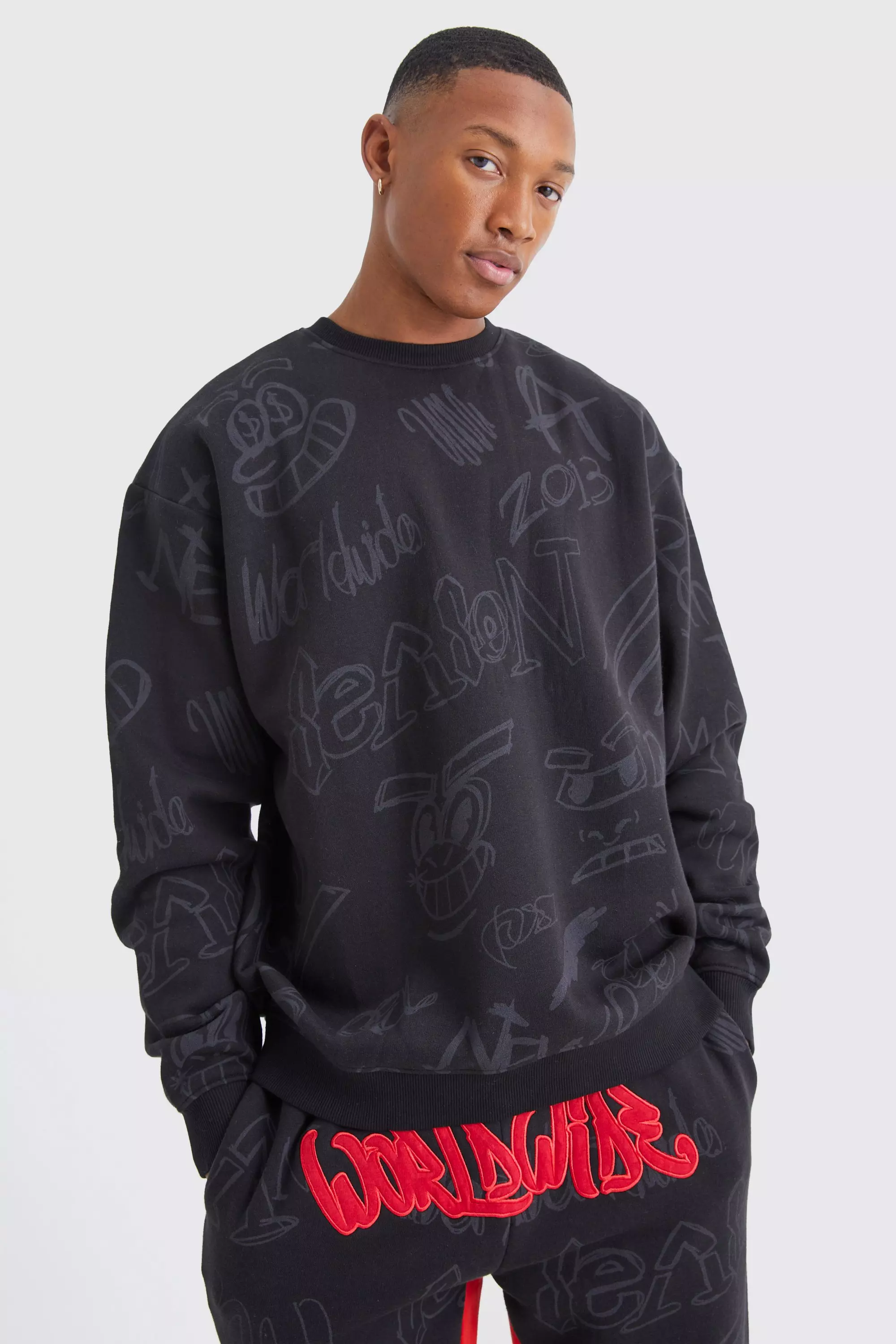 Oversized Graffiti Applique Sweatshirt | boohooMAN USA