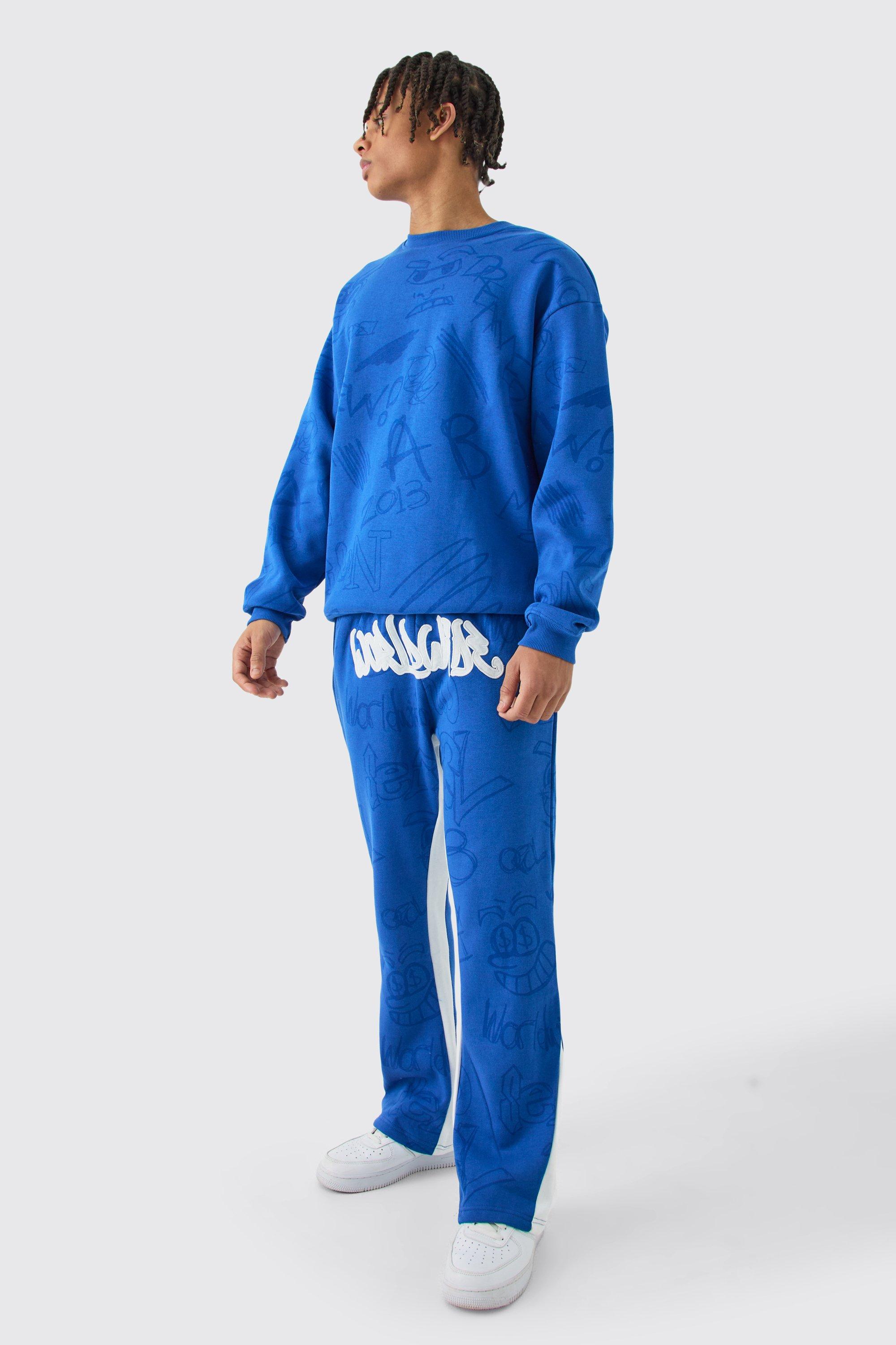 Mens Blue Oversized Graffiti Applique Gusset Tracksuit, Blue