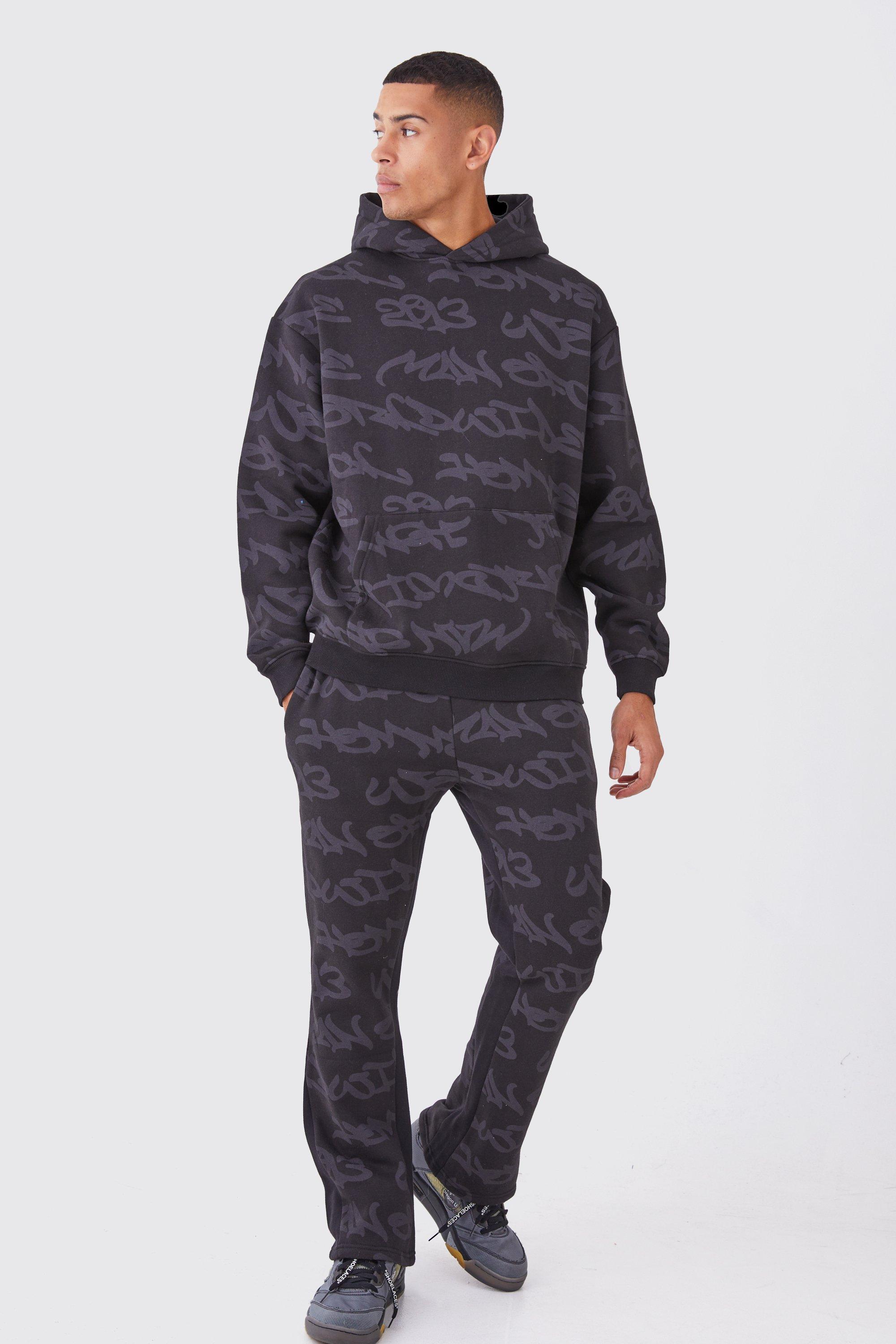 Mens Black Oversized All Over Worldwide Graffiti Gusset Tracksuit, Black
