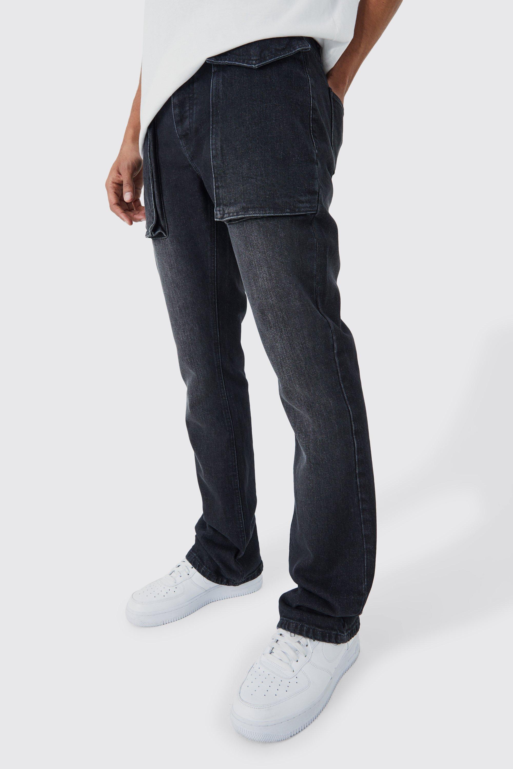 Image of Jeans Slim Fit in denim rigido color antracite con tasche a zampa in rilievo, Grigio
