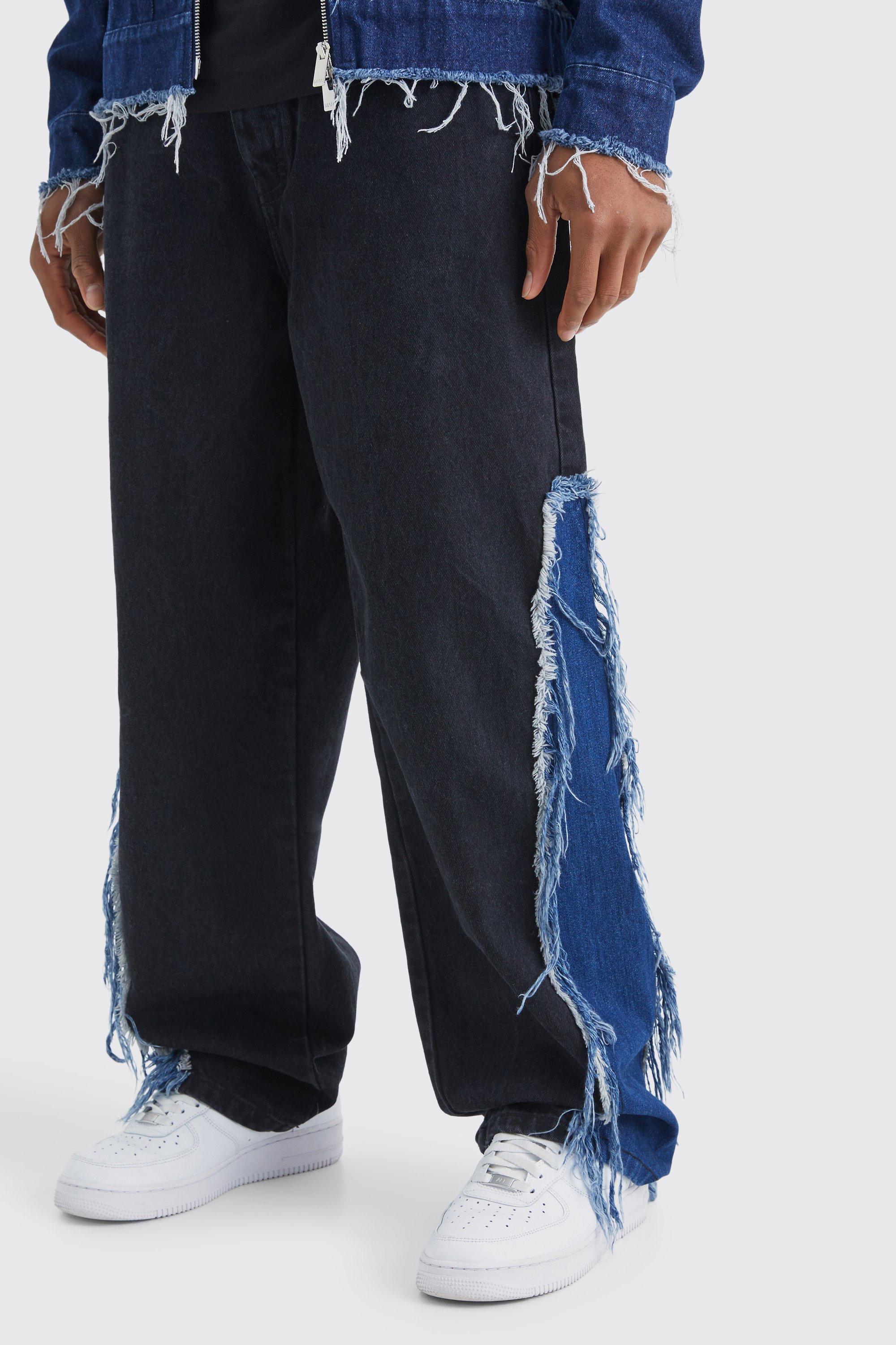 Image of Jeans extra comodi in True Black effetto patchwork in denim rigido sfilacciato, Nero