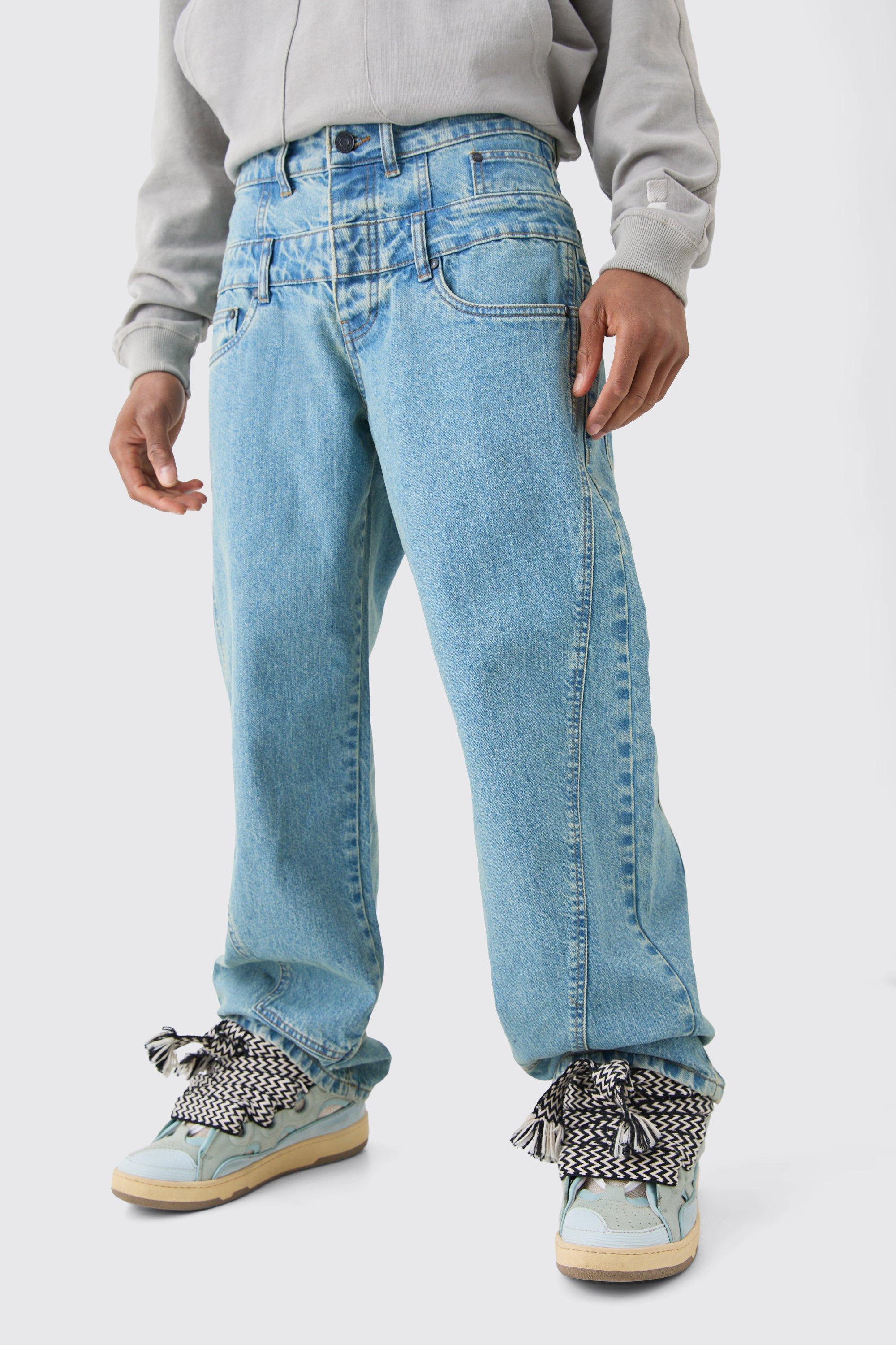 Image of Jeans extra comodi in blu vintage in denim rigido con doppia fascia in vita, Azzurro