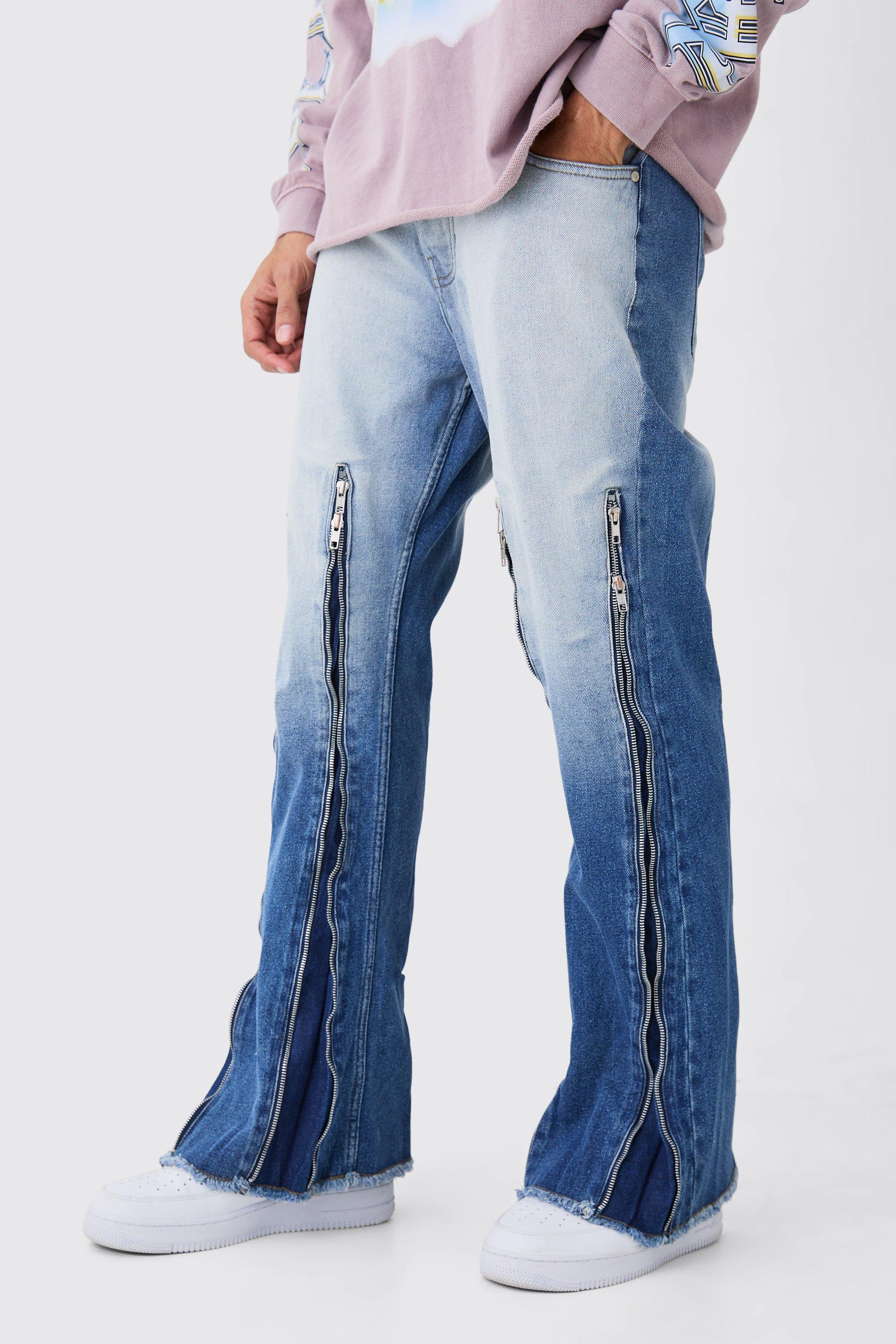 Image of Jeans a zampa in denim rigido rilassati con zip e inserti azzurri, Azzurro