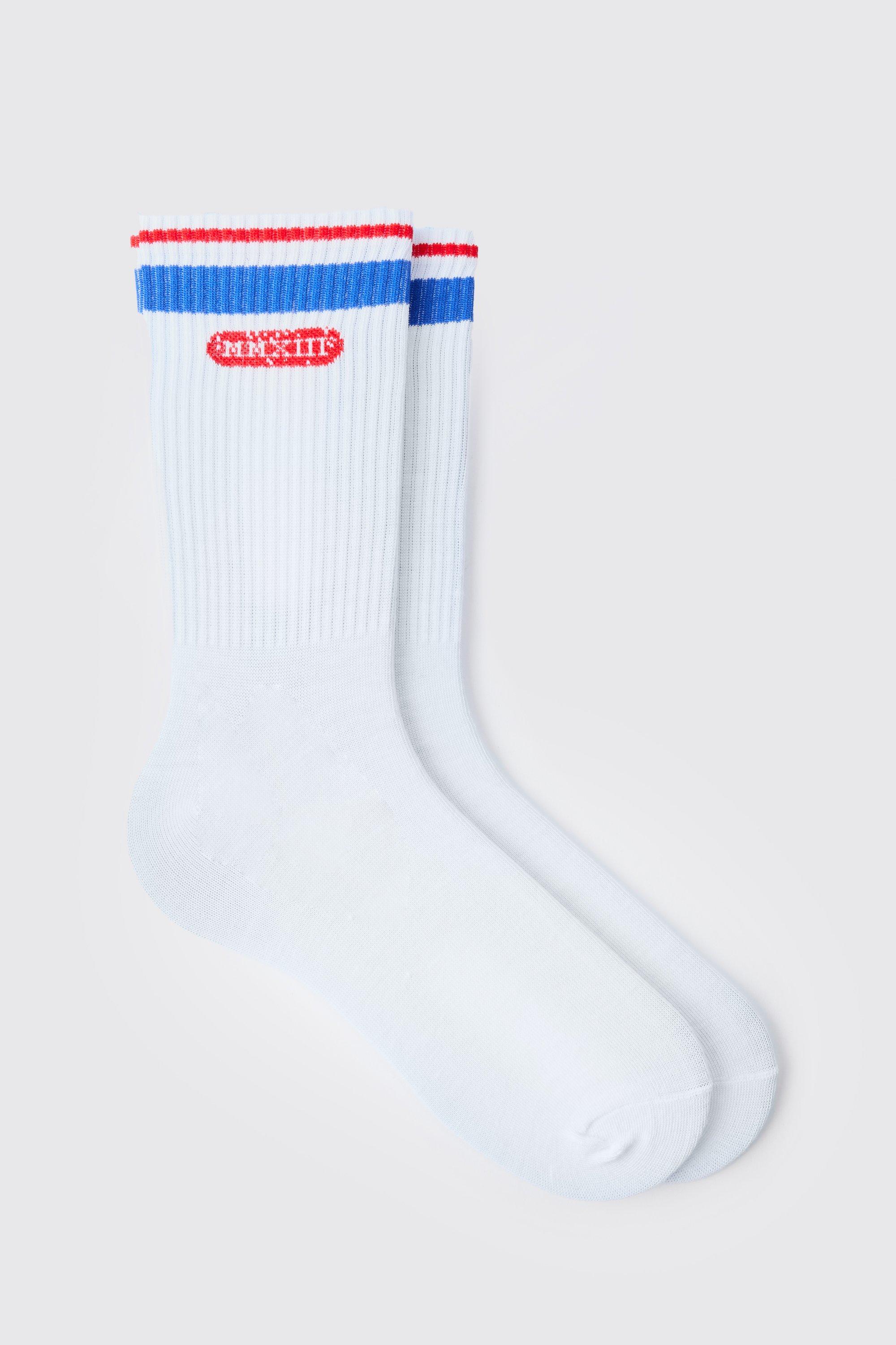 Mens White MM 13 Varsity Sports Stripe Socks, White