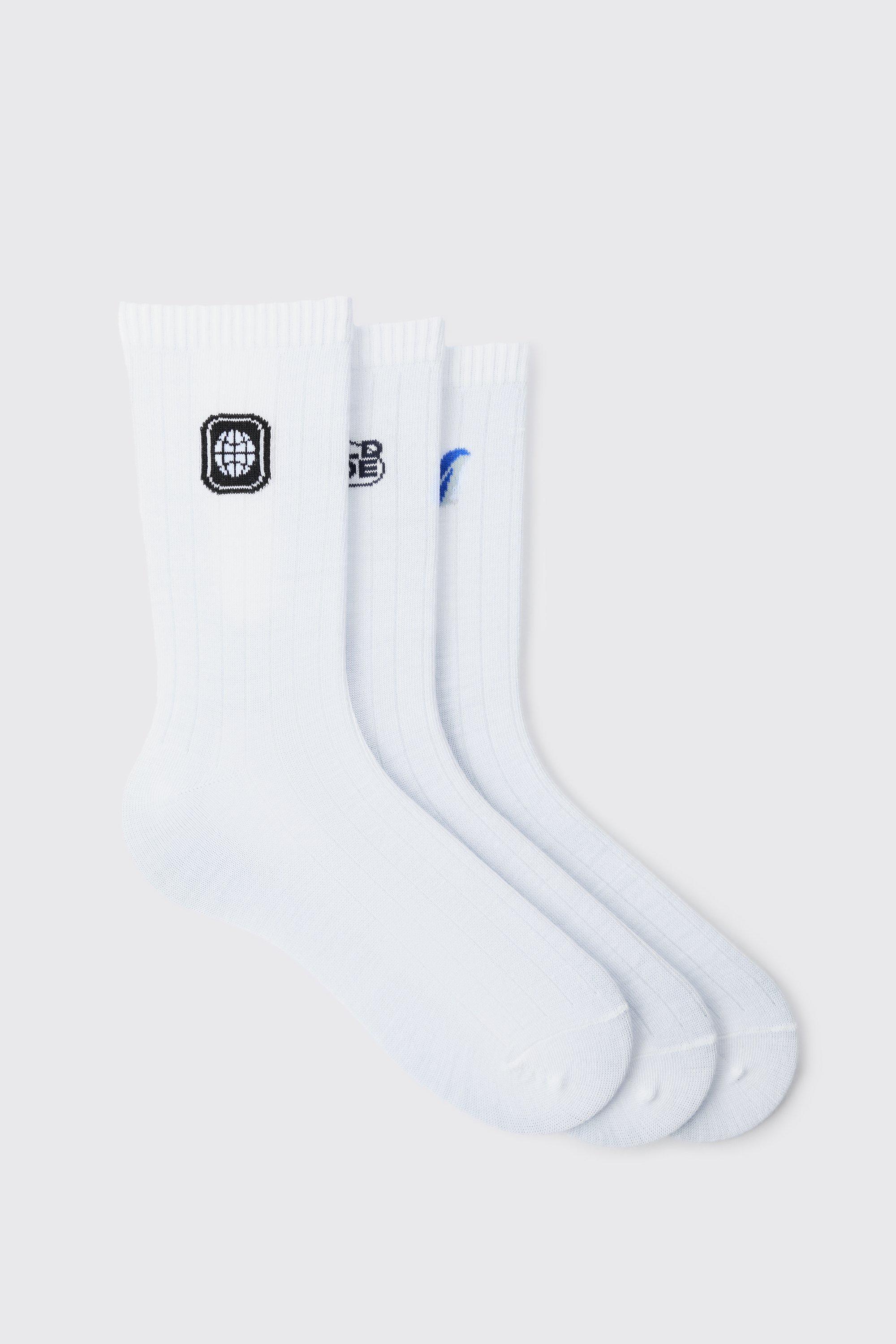 Mens White 3 Pack Varsity Embroidered Socks, White