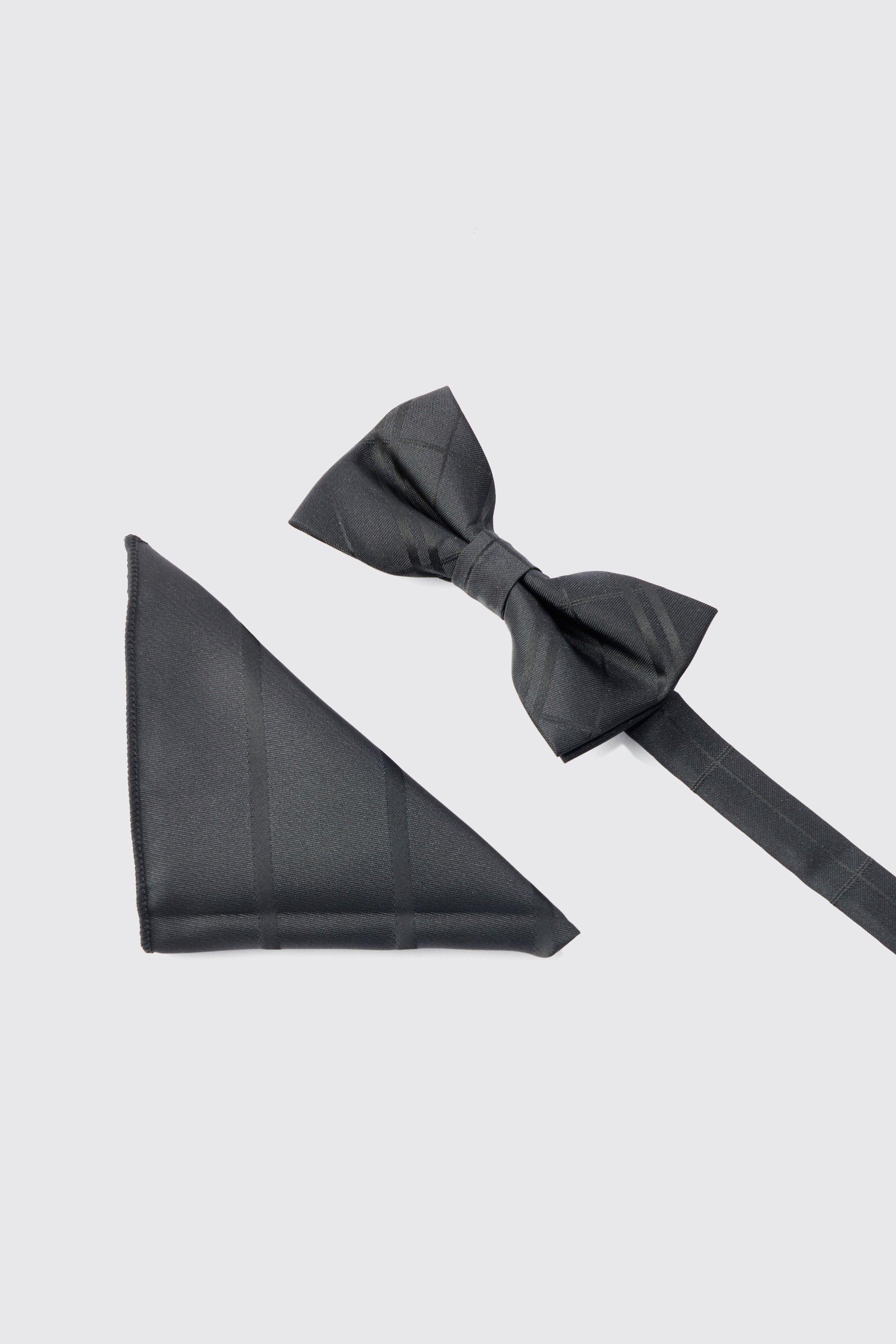 Mens Black Tonal Check Pocket Square & Bow Tie Set, Black