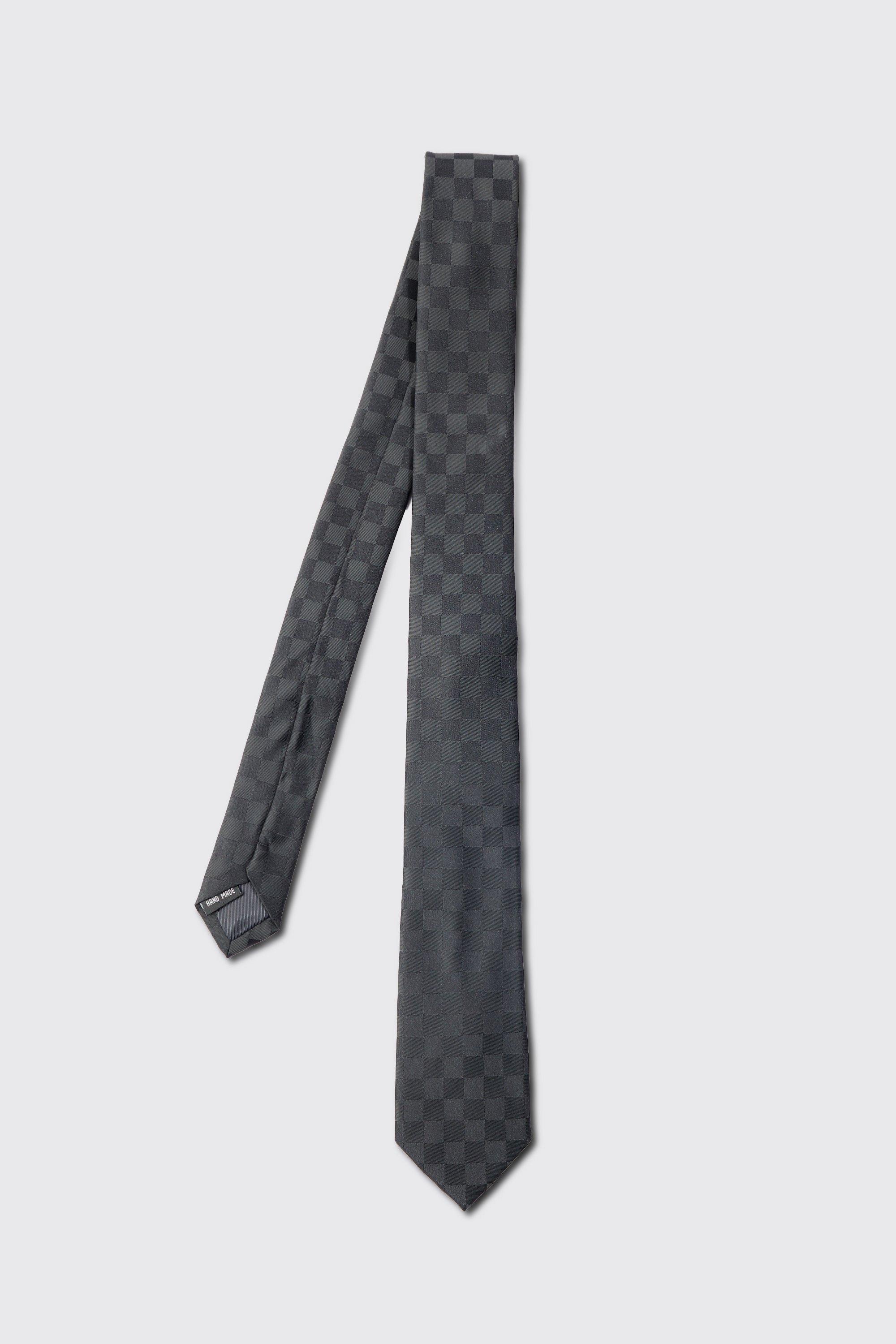 Mens Black Tonal Checkerboard Slim Tie, Black