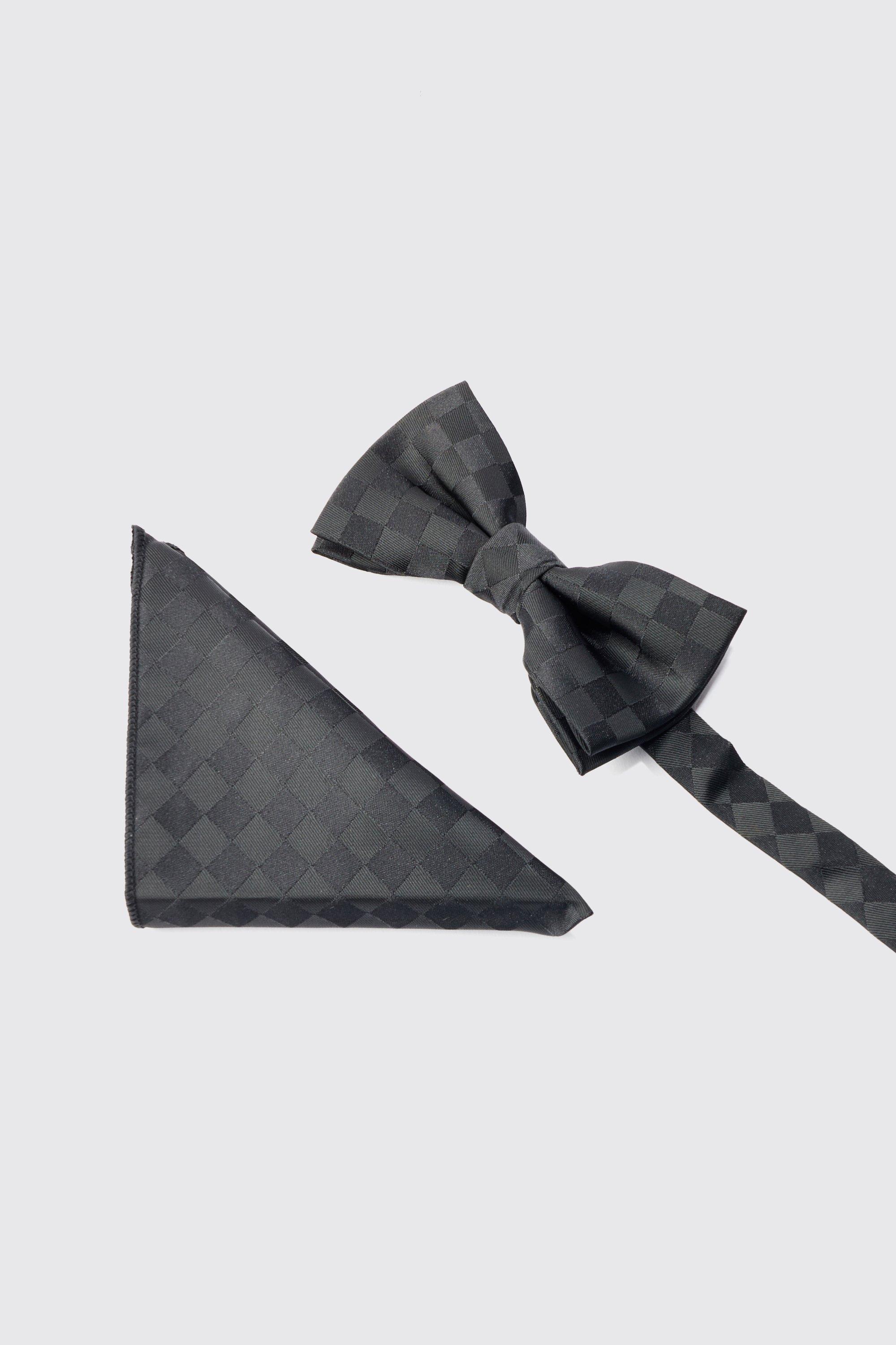 Mens Black Tonal Checkerboard Pocket Square & Bow Tie Set, Black