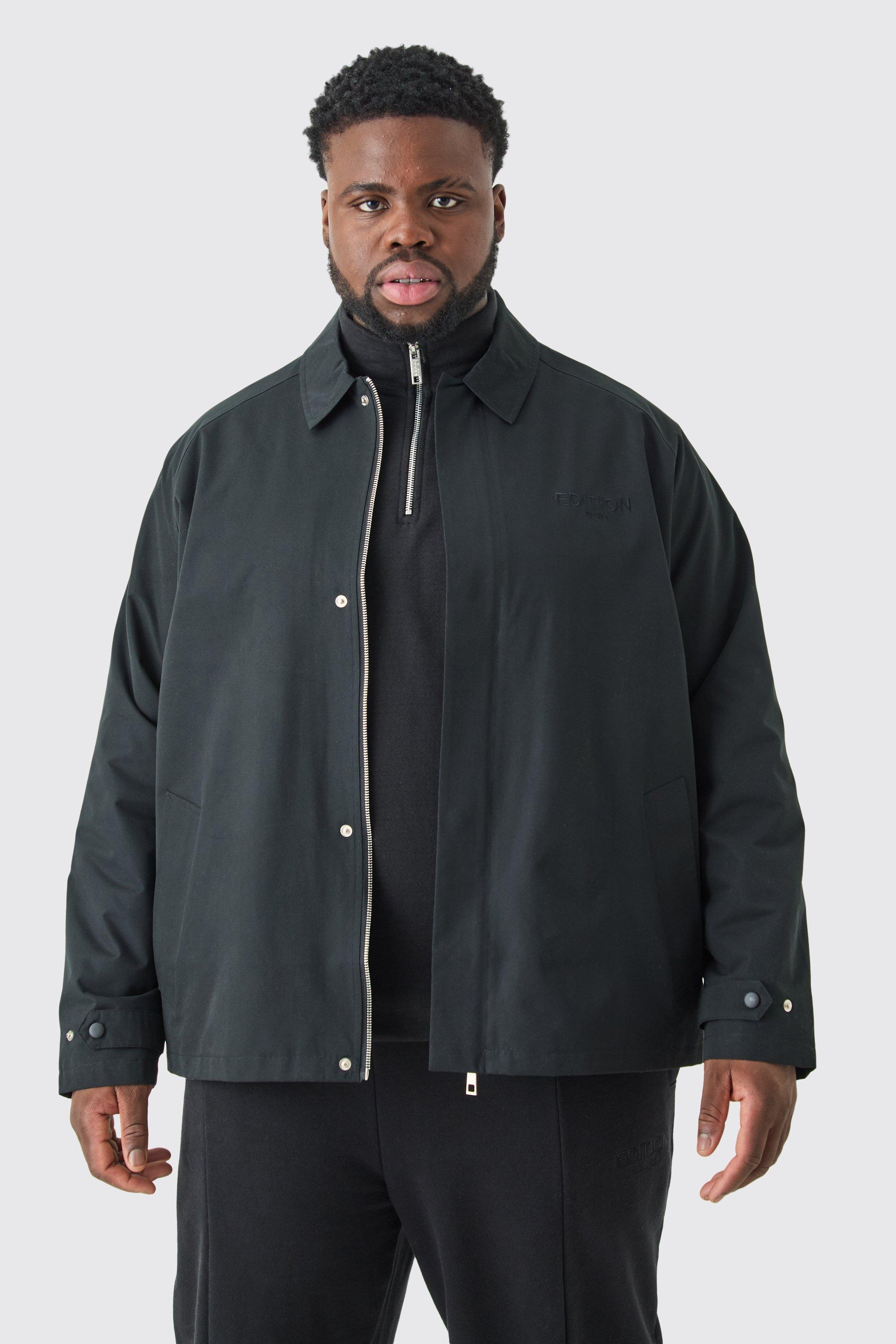 Mens Black Plus EDITION Heavyweight Twill Embroidered Coach Jacket, Black