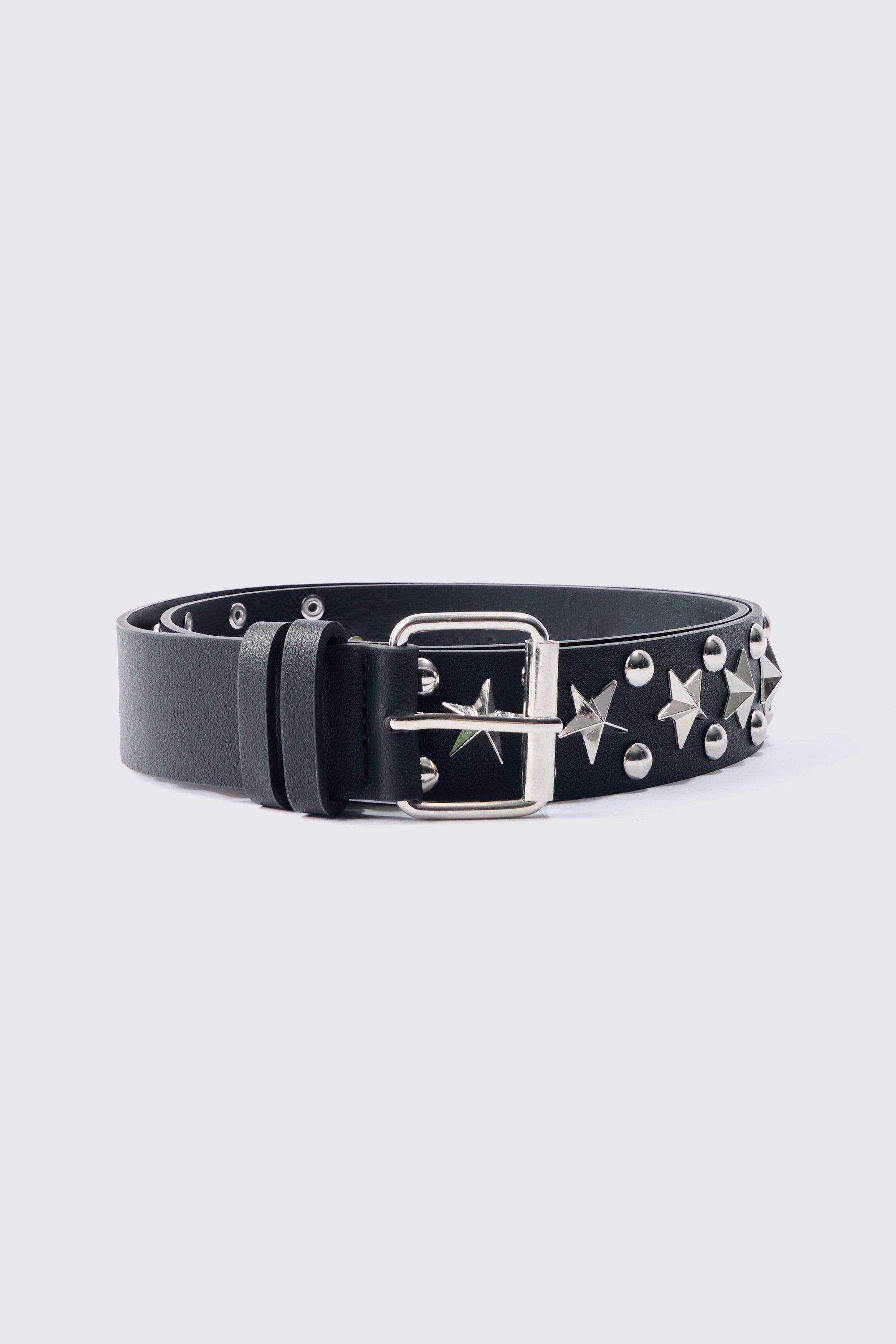 Mens Black Star Studded Silver Buckle Belt, Black