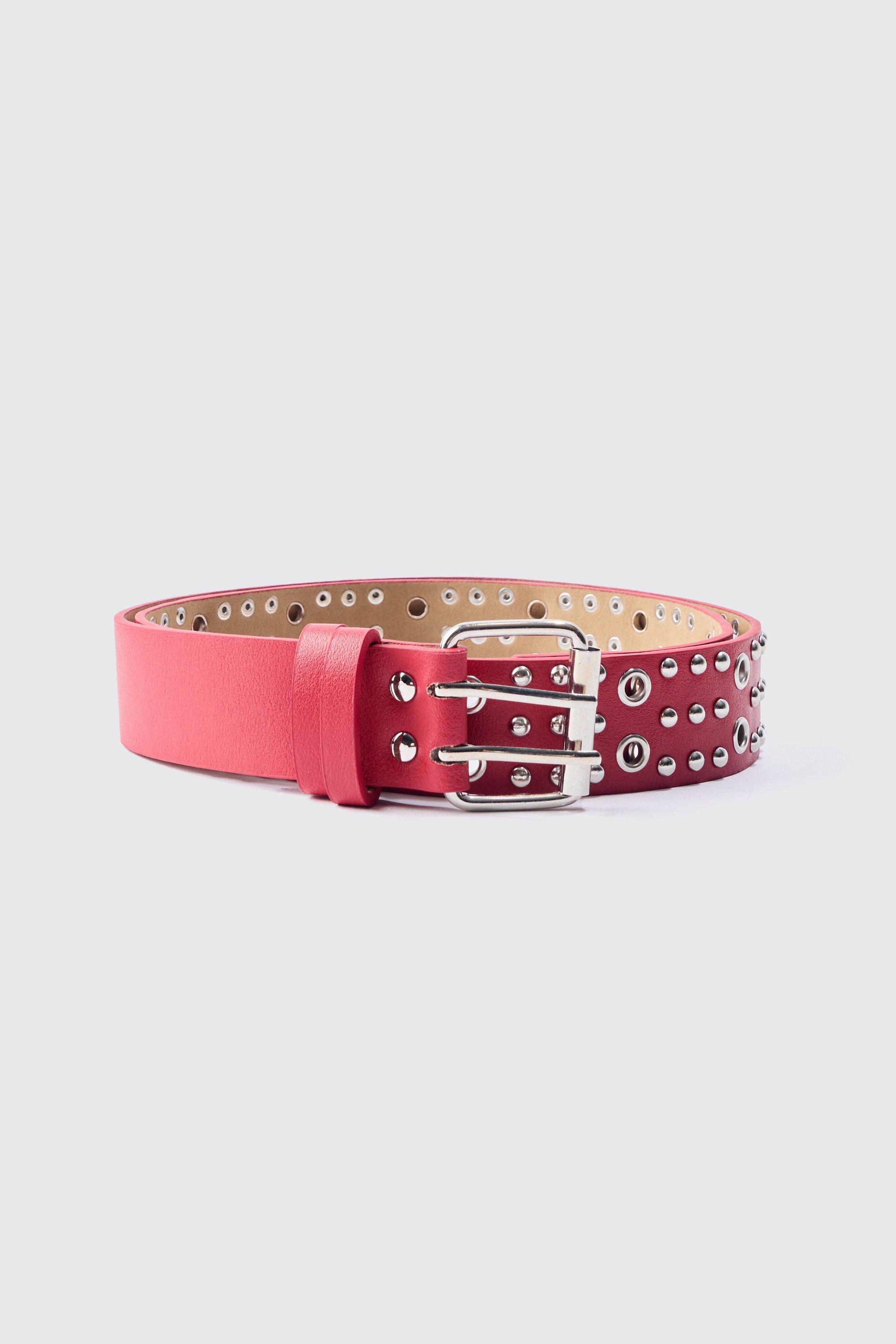 Mens Red Studded Silver Buckle Belt, Red